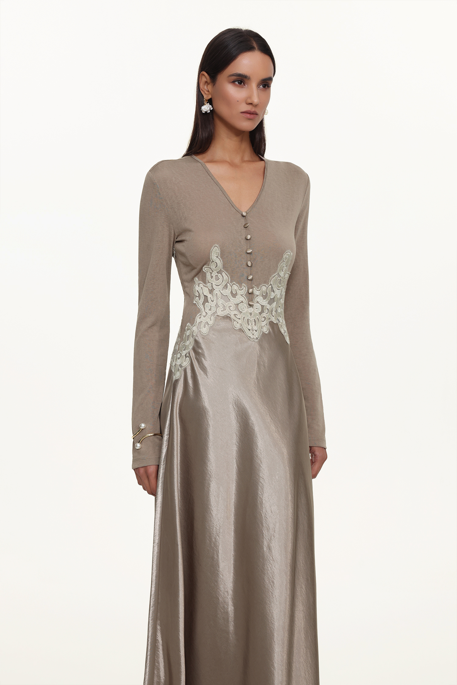 Kaia Elegant Contour Long Sleeve Buttoned Lace Knit Maxi Dress