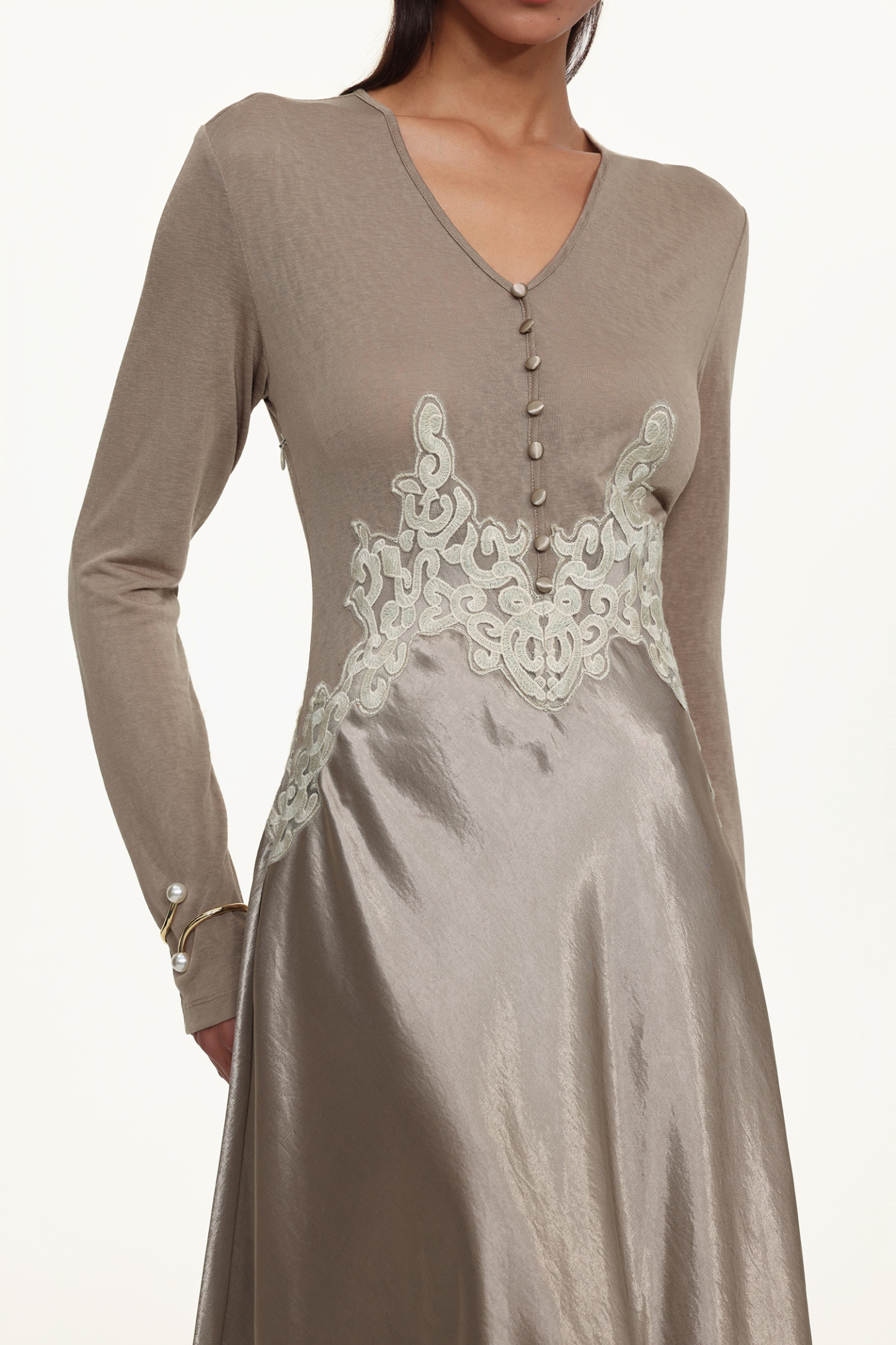 Kaia Elegant Contour Long Sleeve Buttoned Lace Knit Maxi Dress