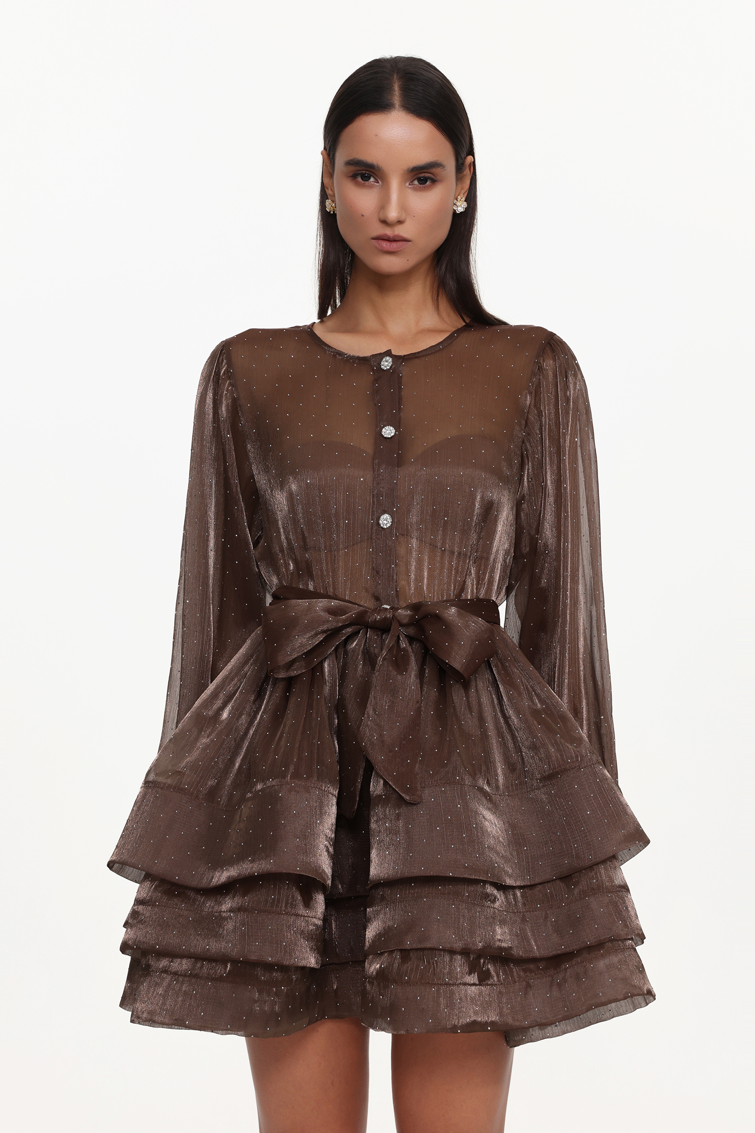 Katelyn Resort Flowy Long Sleeve Ruffle Polka Dot Woven Mini Dress