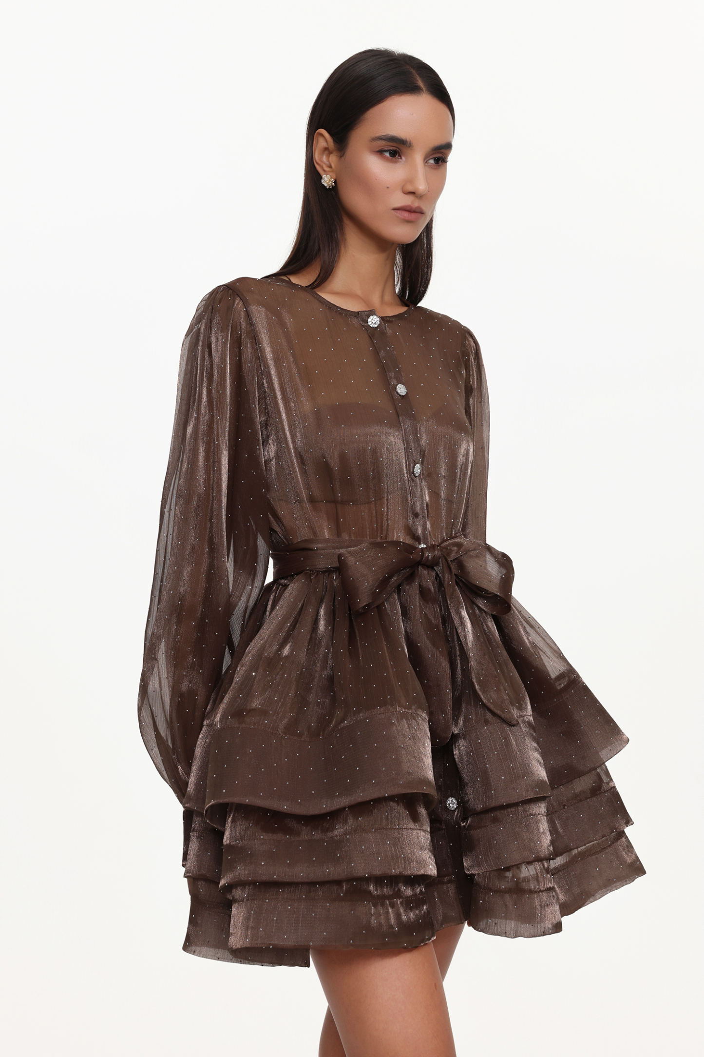 Katelyn Resort Flowy Long Sleeve Ruffle Polka Dot Woven Mini Dress