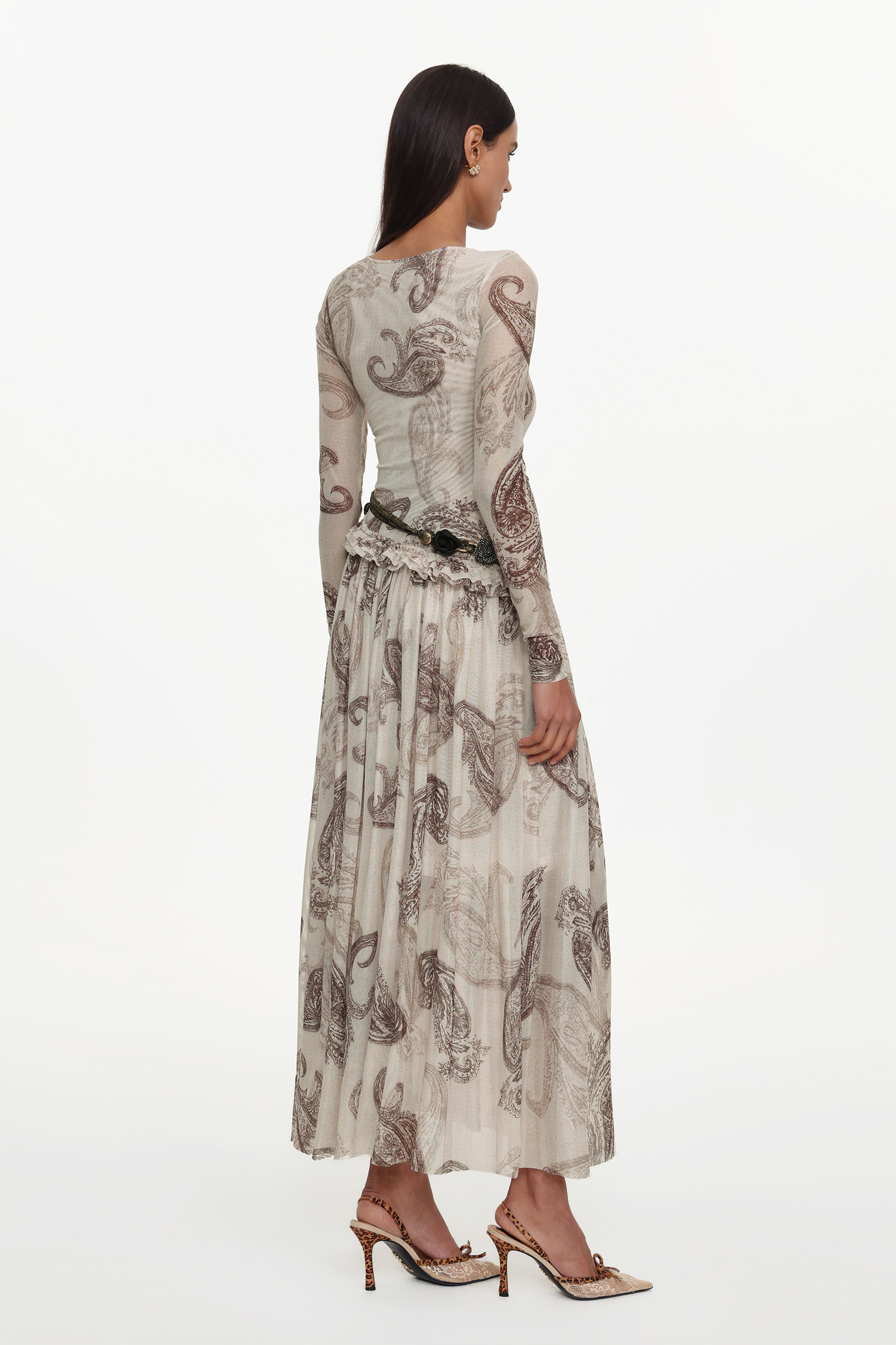 Margaret Resort Flowy Round Neck Long Sleeve Floral Print Pleated Woven Maxi Dress