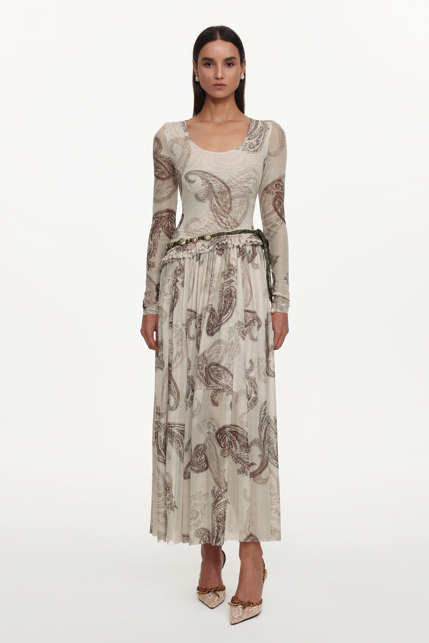Margaret Resort Flowy Round Neck Long Sleeve Floral Print Pleated Woven Maxi Dress