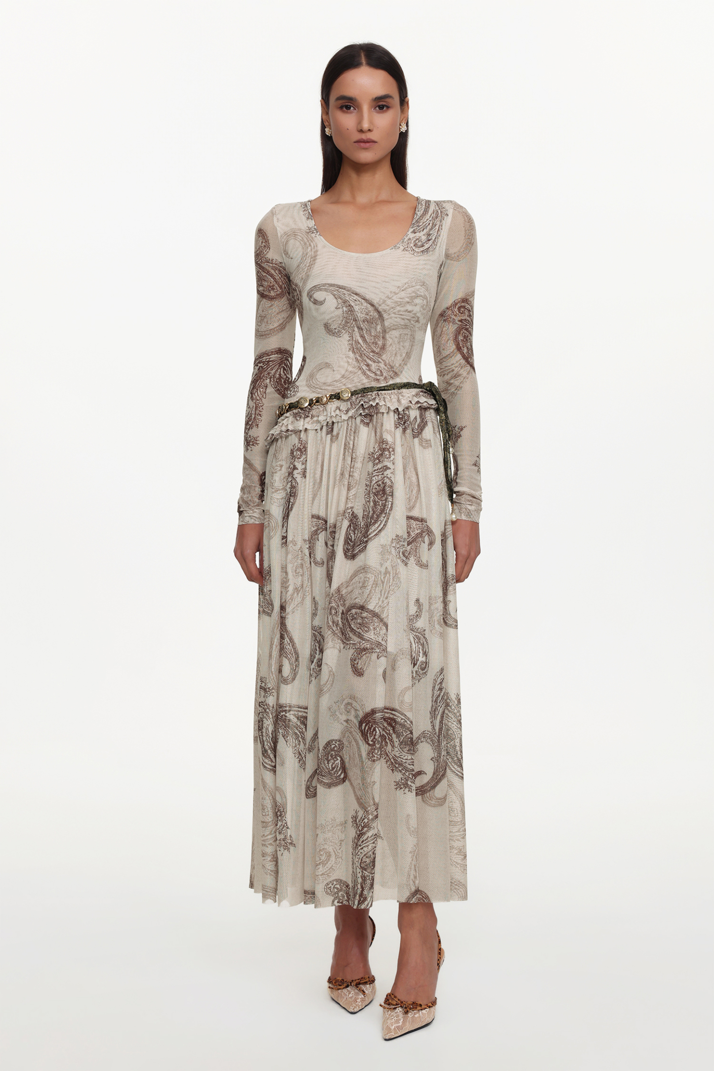 Margaret Resort Flowy Round Neck Long Sleeve Floral Print Pleated Woven Maxi Dress