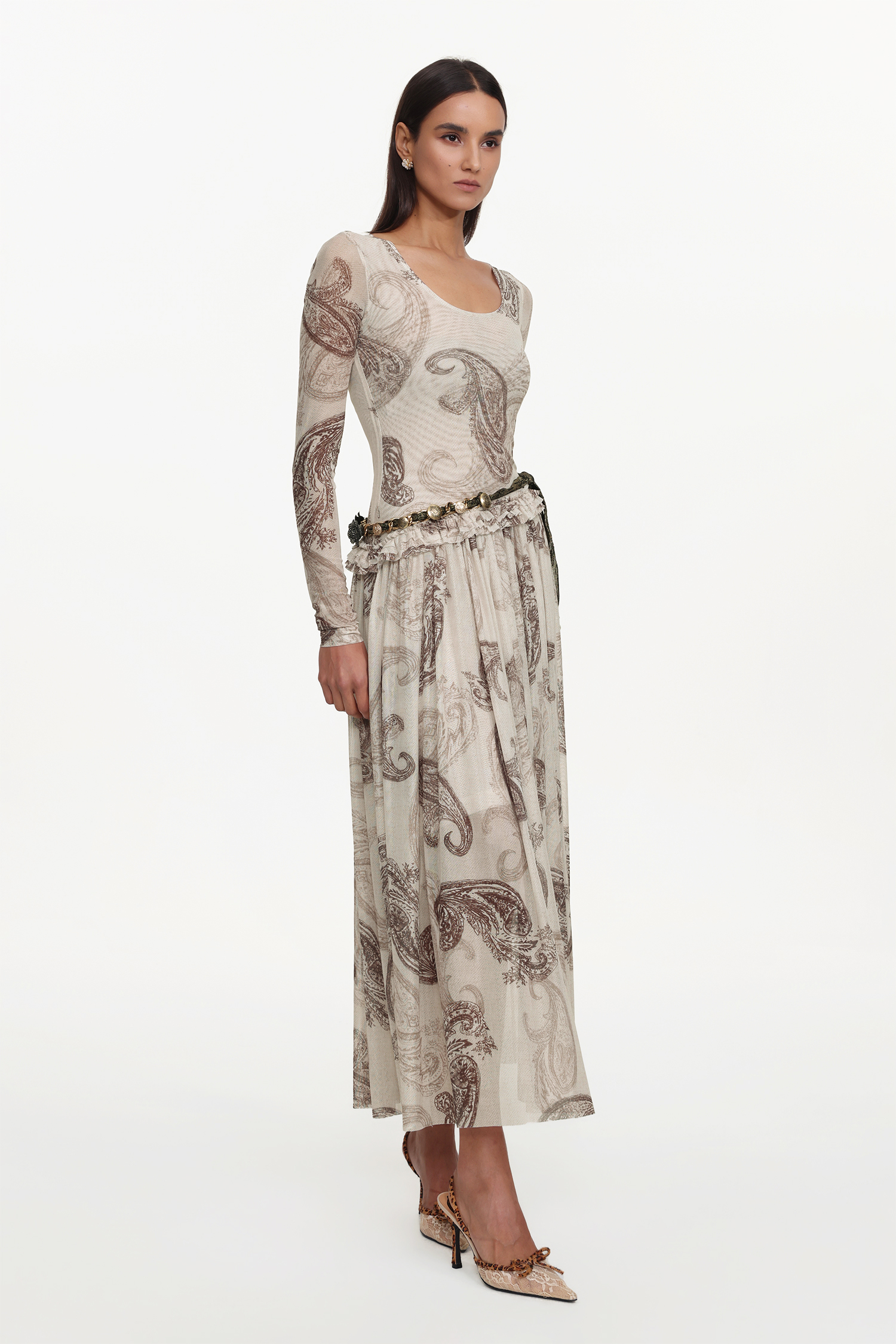 Margaret Resort Flowy Round Neck Long Sleeve Floral Print Pleated Woven Maxi Dress