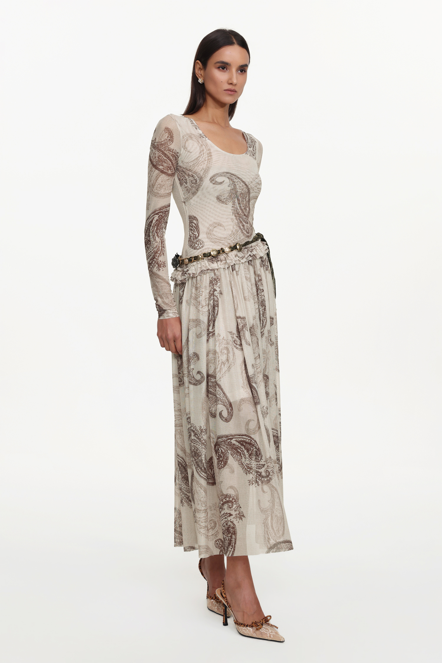 Margaret Resort Flowy Round Neck Long Sleeve Floral Print Pleated Woven Maxi Dress