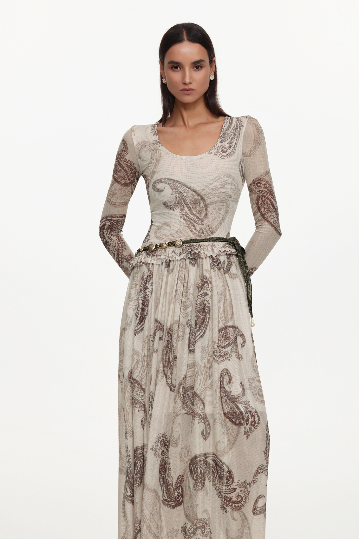 Margaret Resort Flowy Round Neck Long Sleeve Floral Print Pleated Woven Maxi Dress