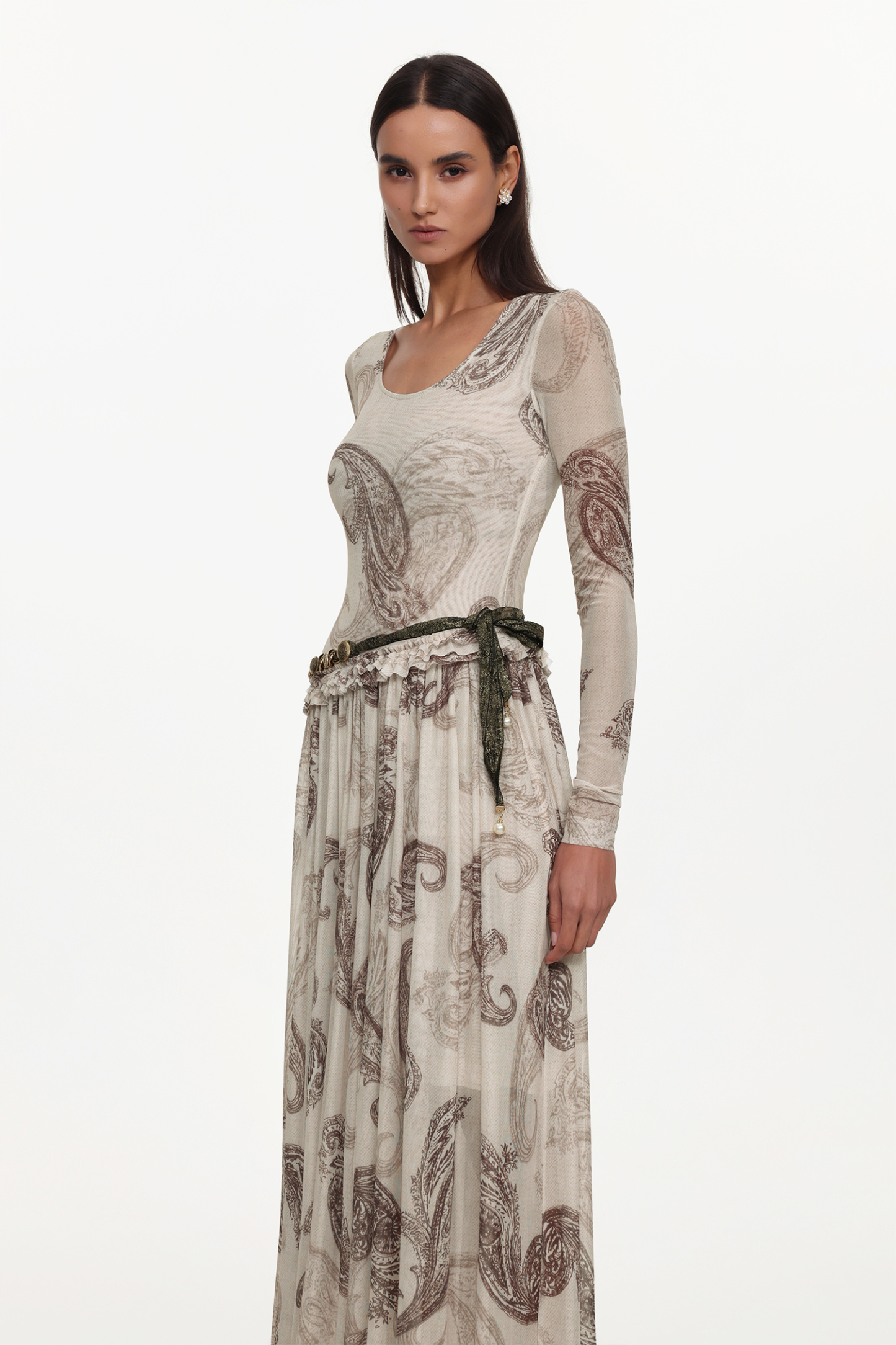 Margaret Resort Flowy Round Neck Long Sleeve Floral Print Pleated Woven Maxi Dress