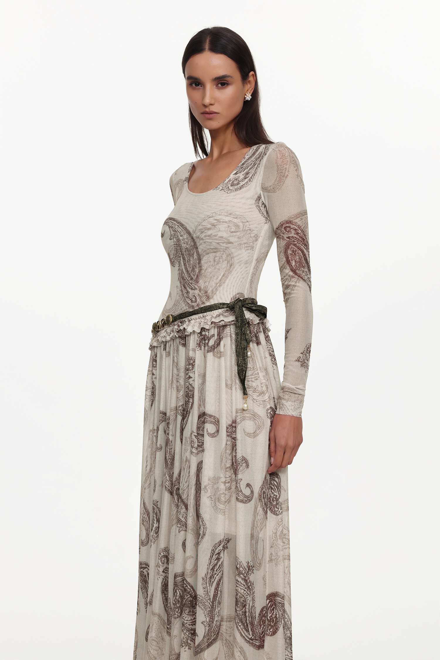 Margaret Resort Flowy Round Neck Long Sleeve Floral Print Pleated Woven Maxi Dress