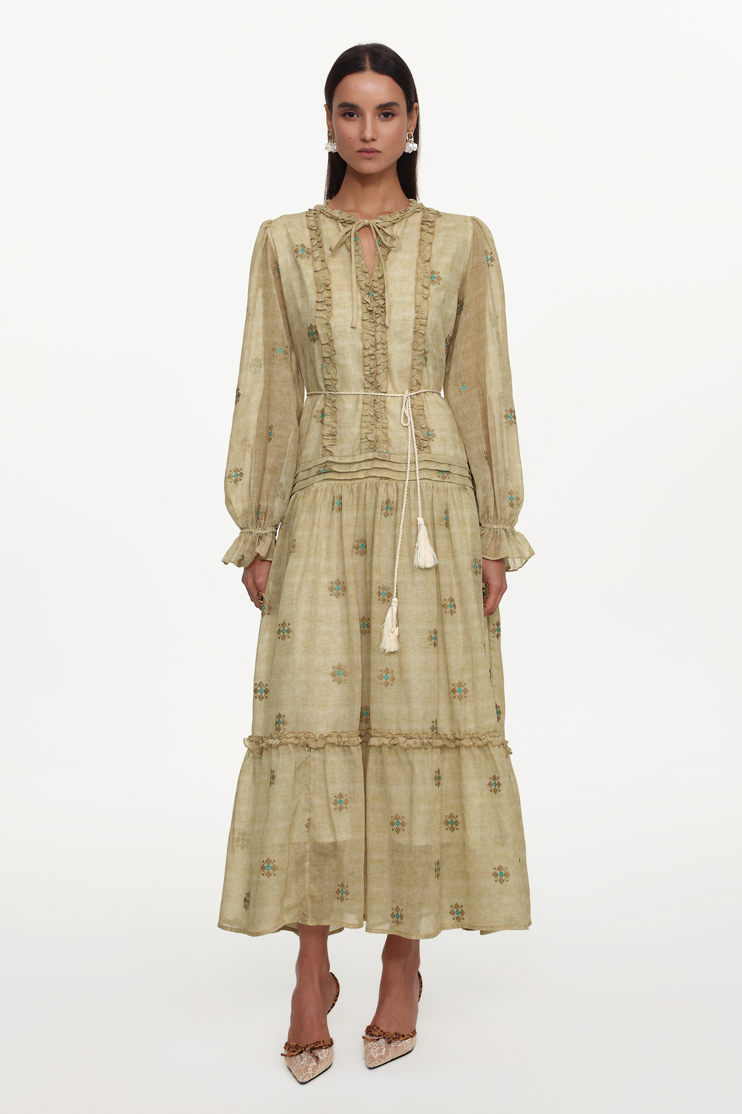 Dierea Resort Flowy Long Sleeve Floral Print Ruffle Woven Maxi Dress