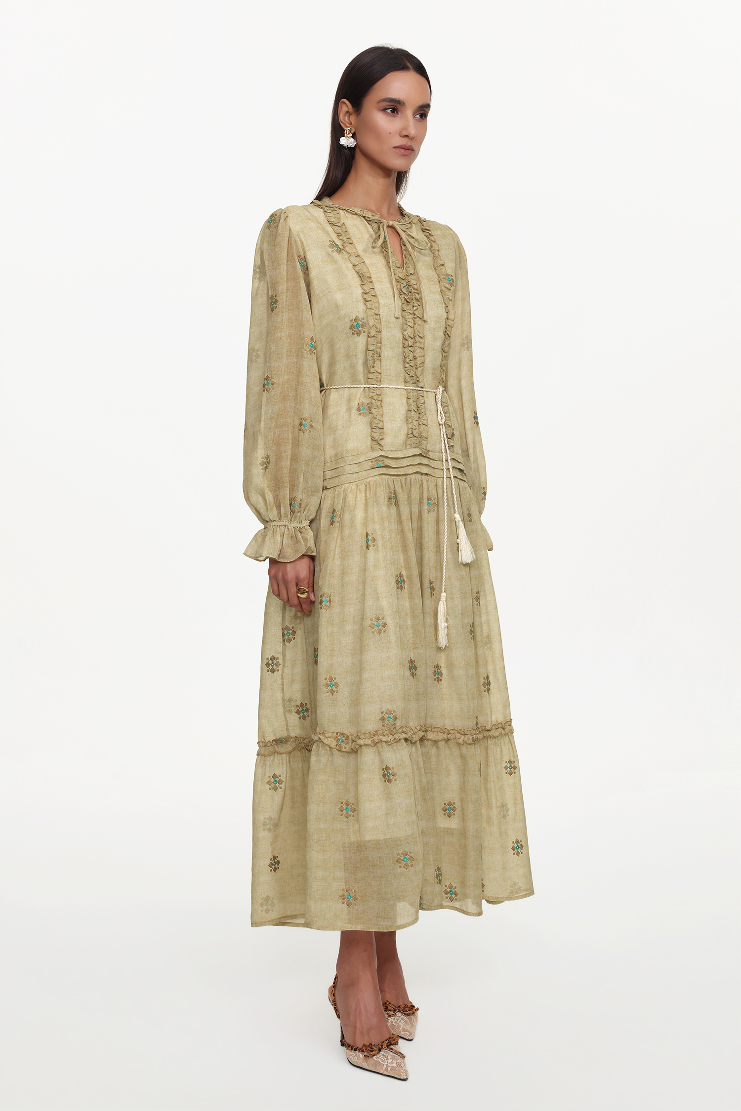 Dierea Resort Flowy Long Sleeve Floral Print Ruffle Woven Maxi Dress