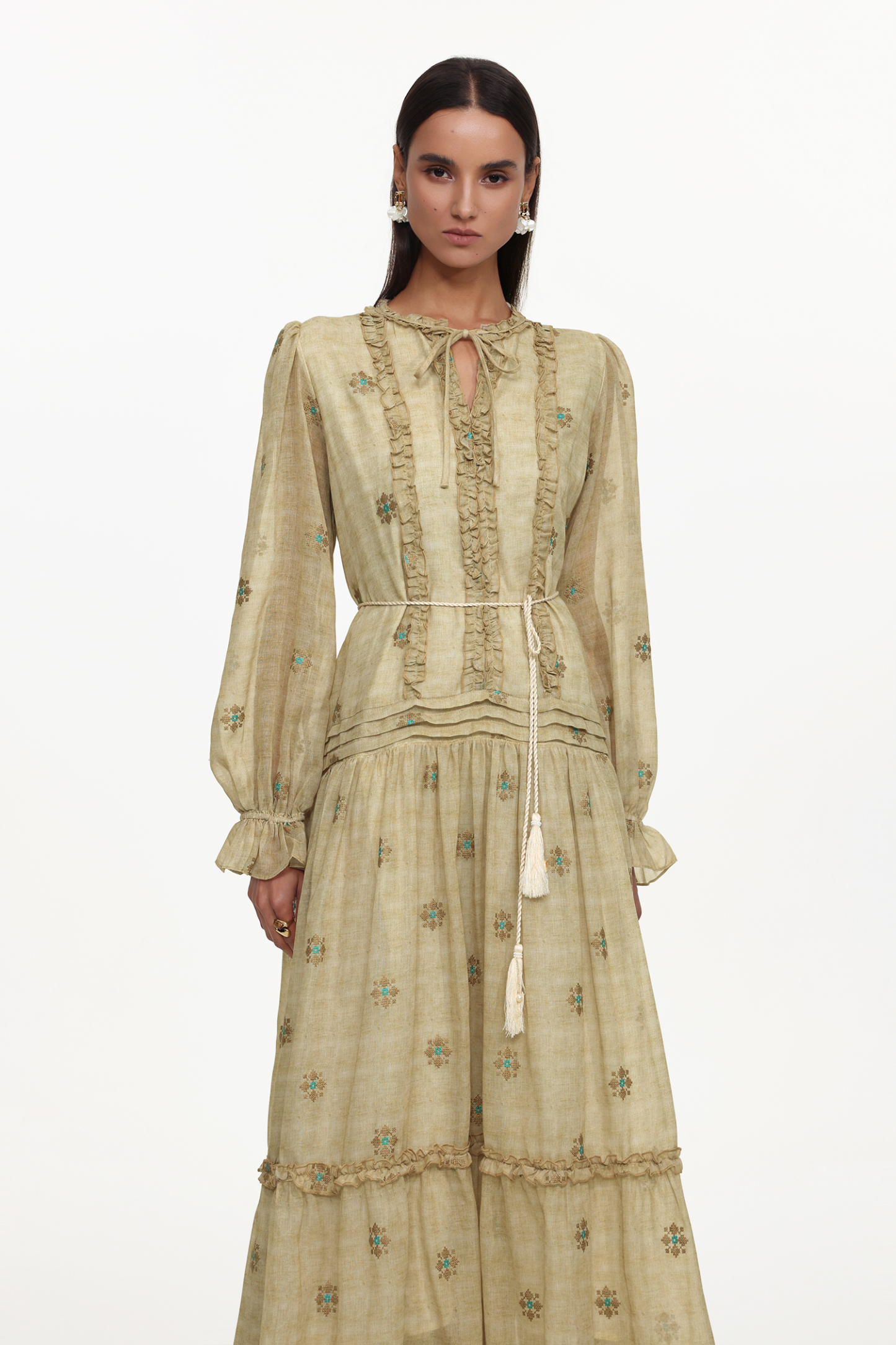 Dierea Resort Flowy Long Sleeve Floral Print Ruffle Woven Maxi Dress