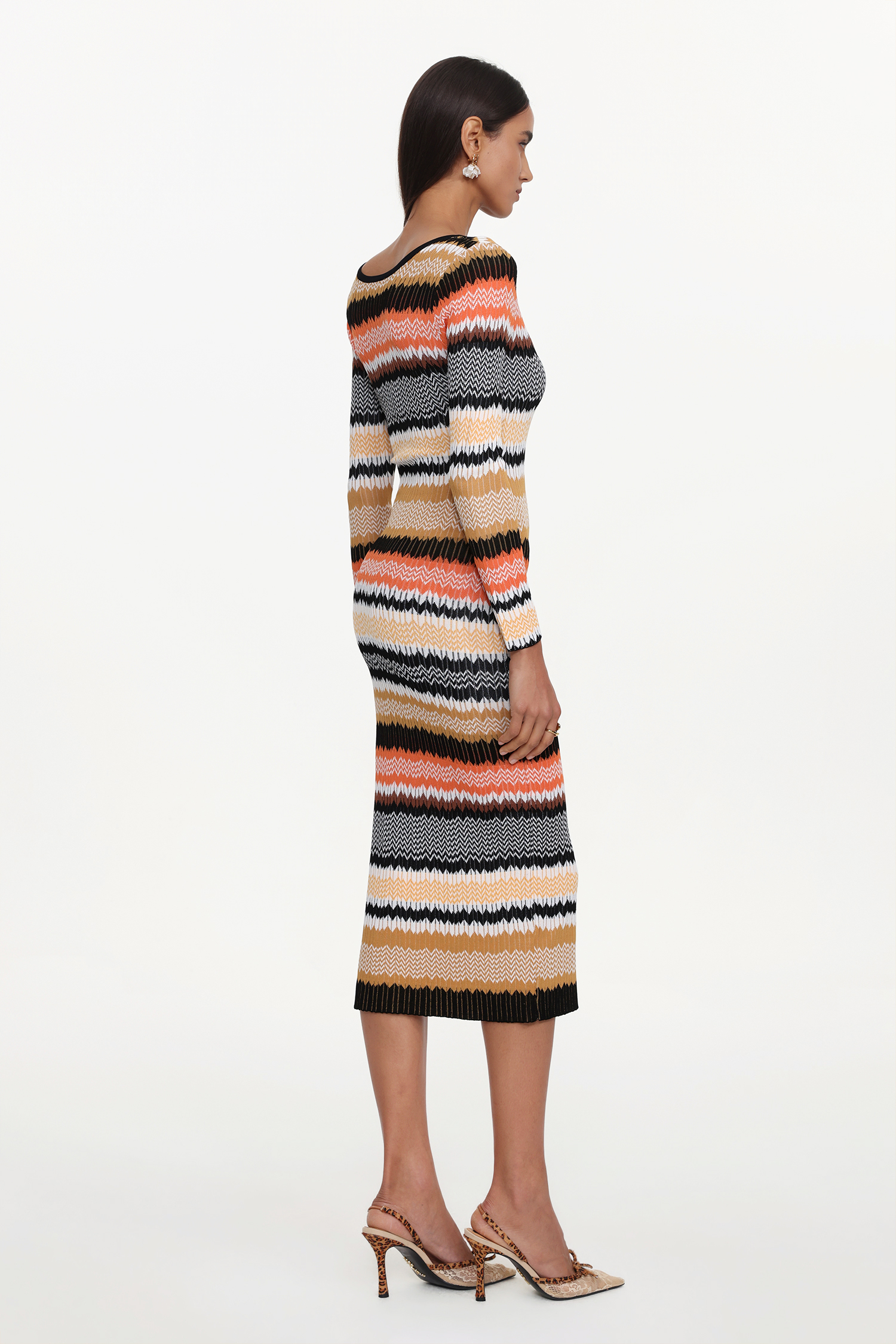 Nialla Elegant Contour Round Neck Long Sleeve Stripe Knit Maxi Dress