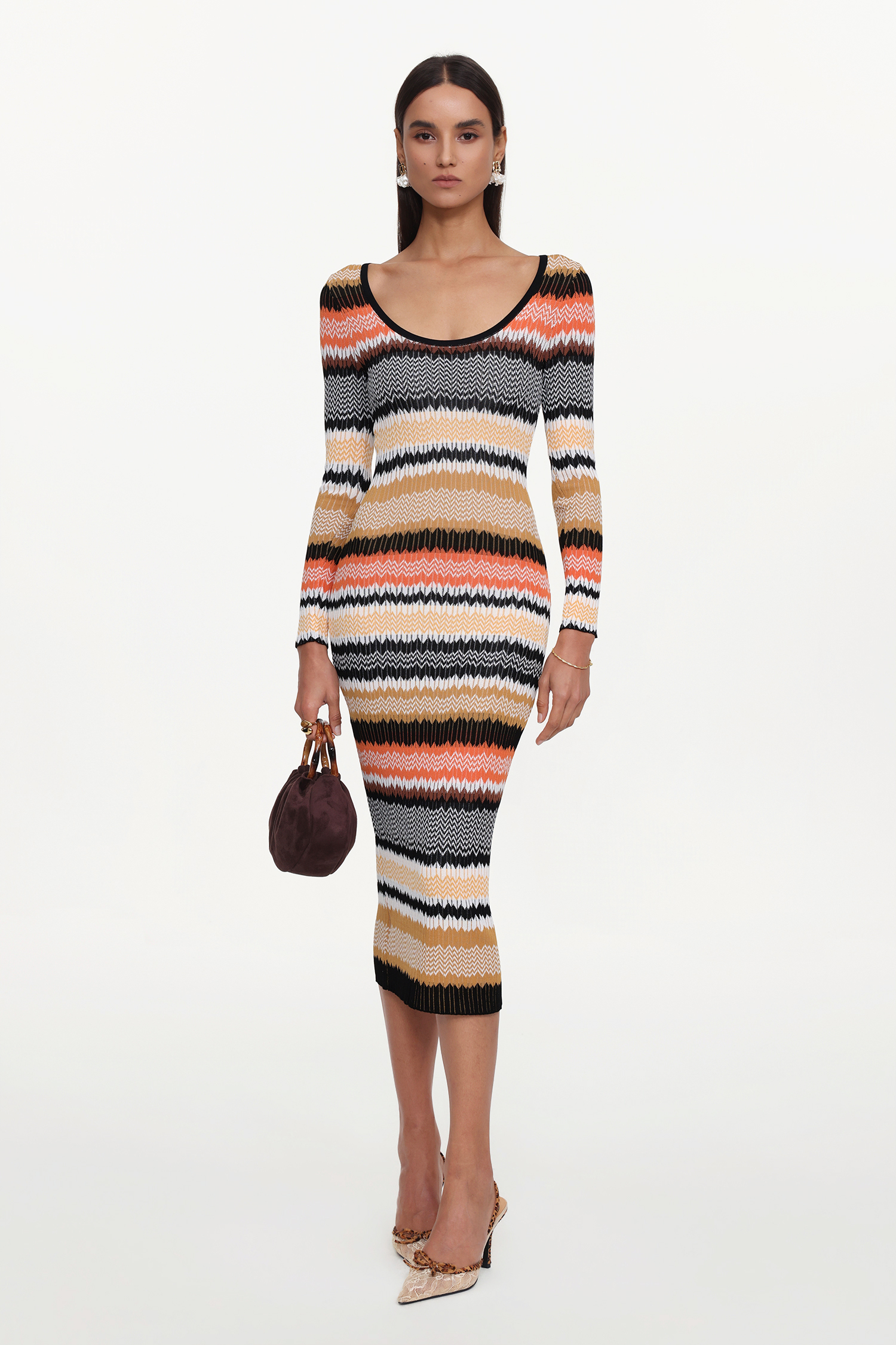 Nialla Elegant Contour Round Neck Long Sleeve Stripe Knit Maxi Dress