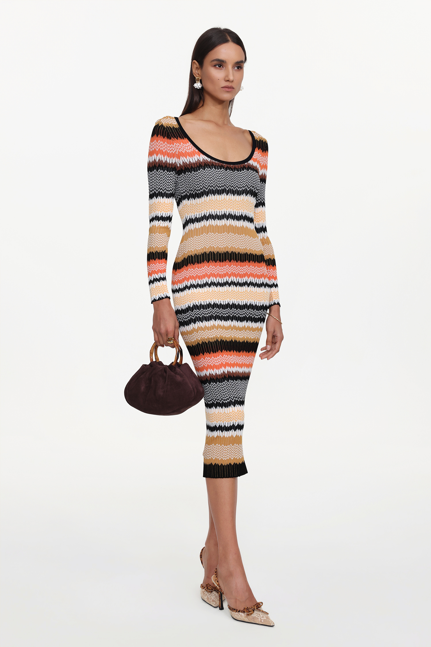 Nialla Elegant Contour Round Neck Long Sleeve Stripe Knit Maxi Dress