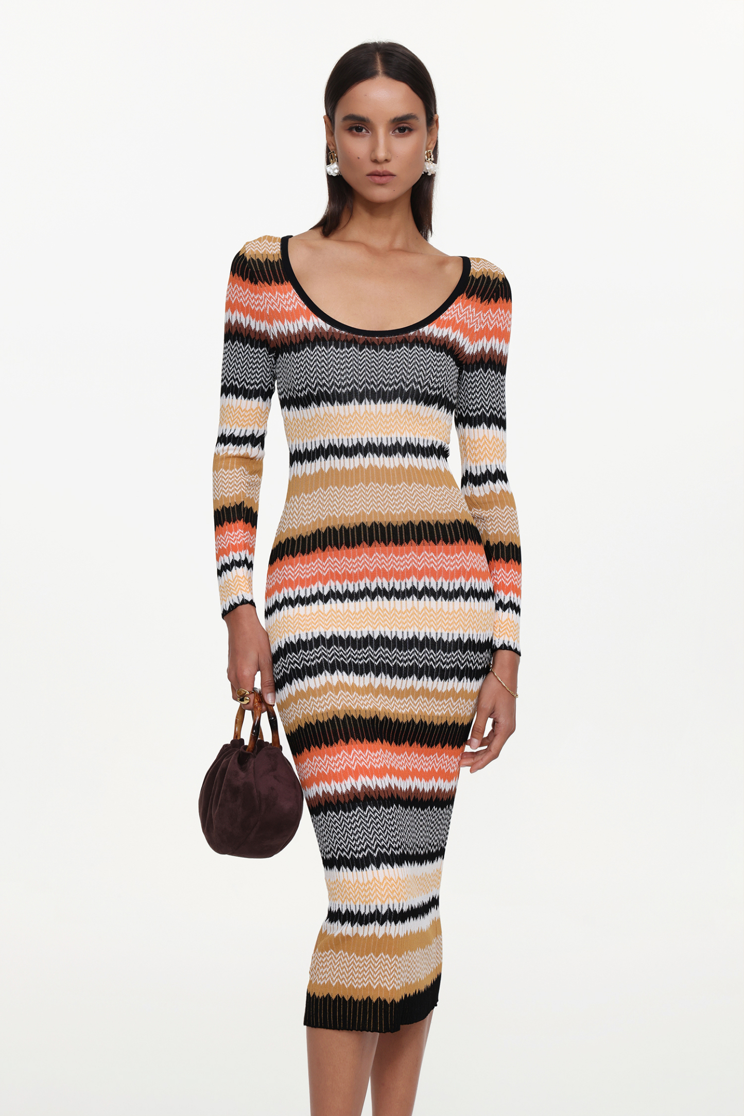 Nialla Elegant Contour Round Neck Long Sleeve Stripe Knit Maxi Dress