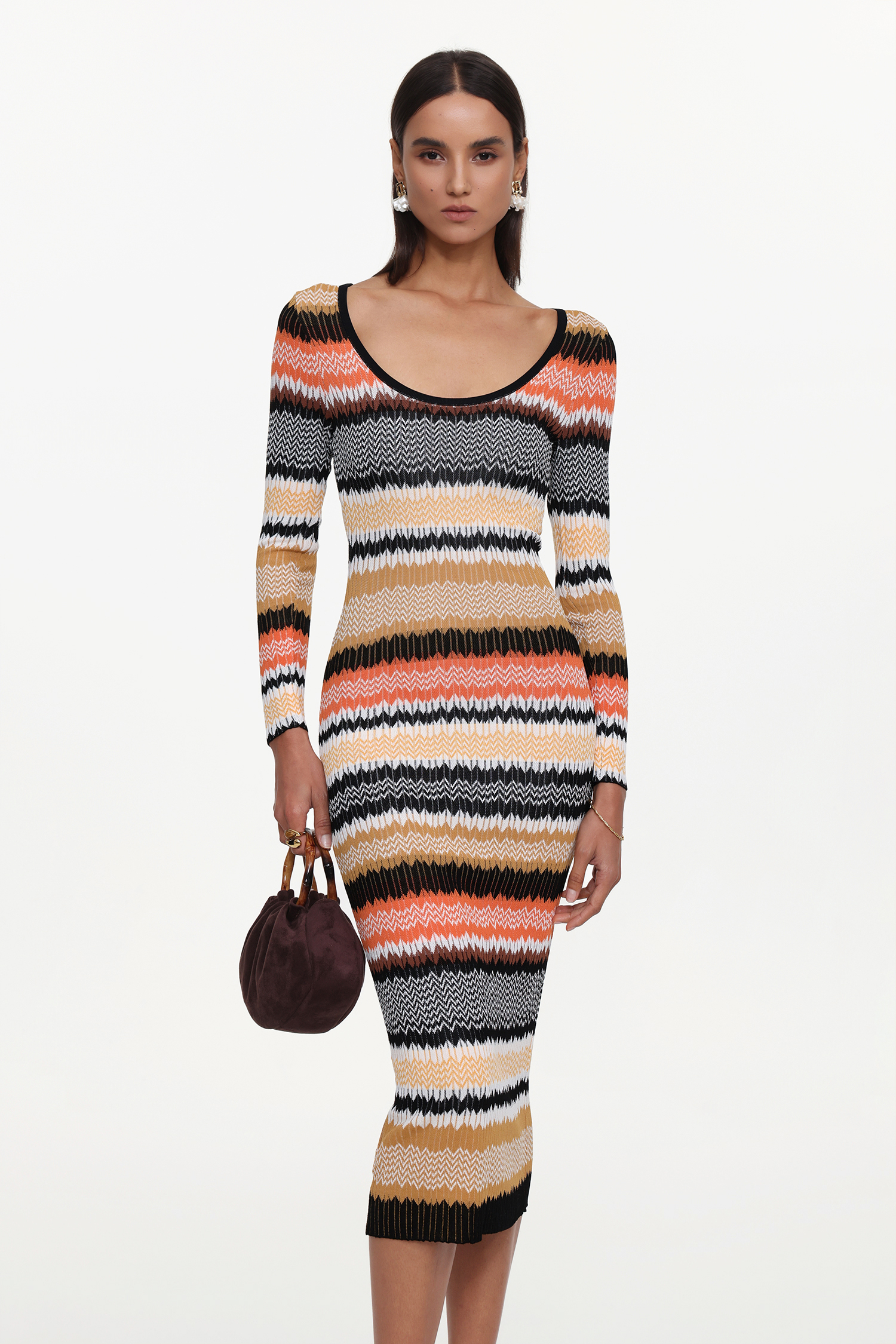 Nialla Elegant Contour Round Neck Long Sleeve Stripe Knit Maxi Dress