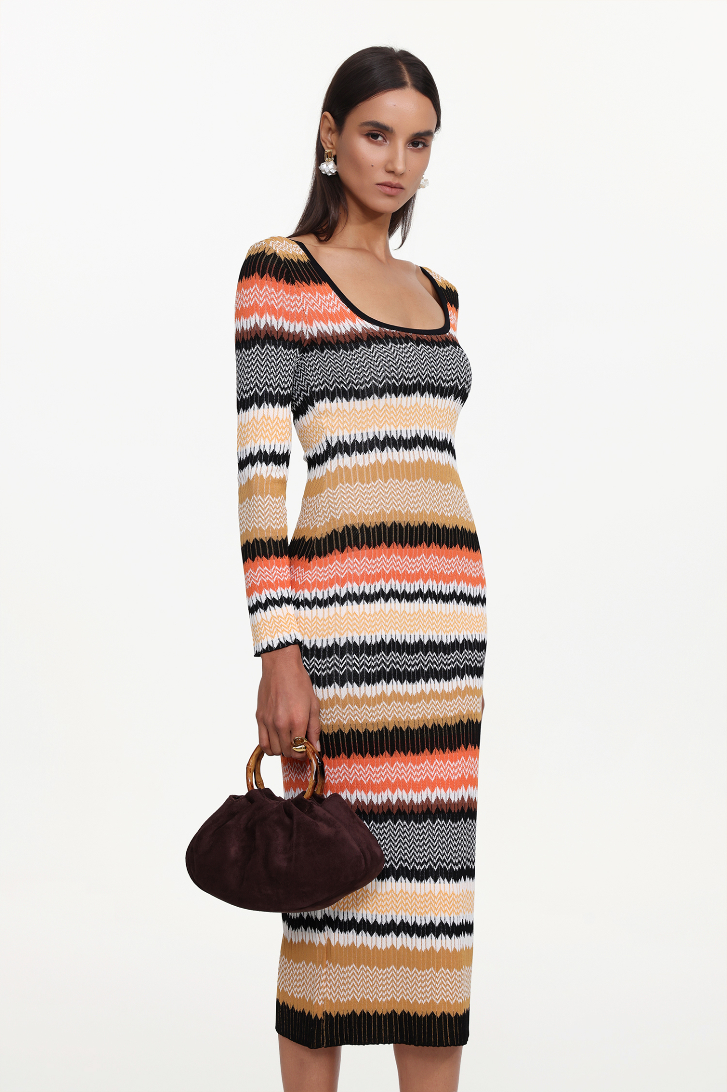 Nialla Elegant Contour Round Neck Long Sleeve Stripe Knit Maxi Dress