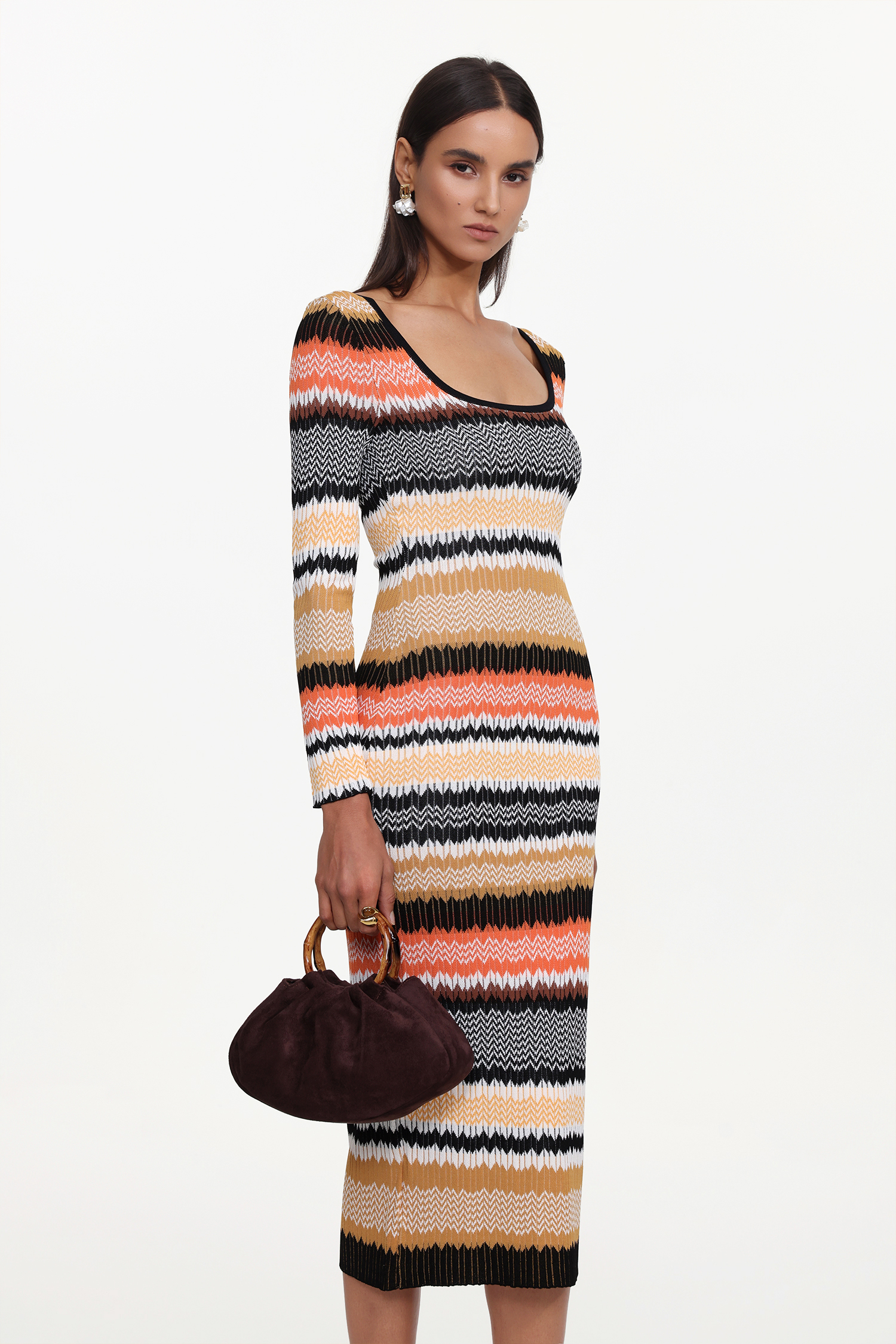 Nialla Elegant Contour Round Neck Long Sleeve Stripe Knit Maxi Dress