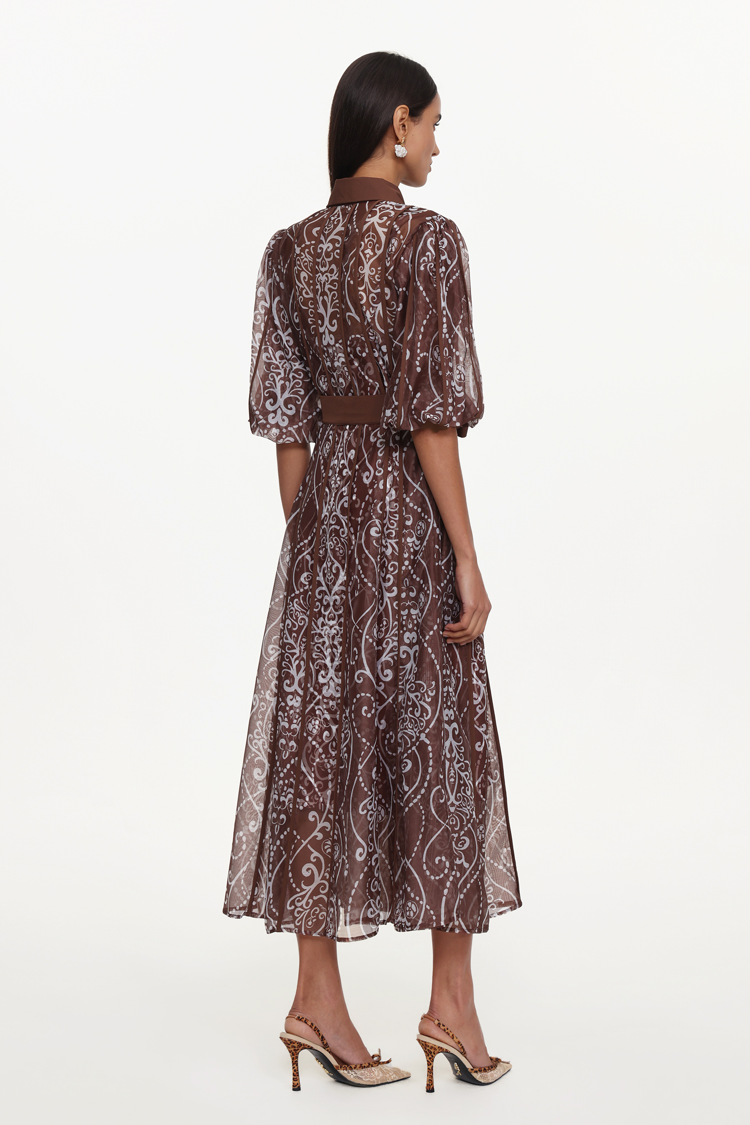 Vakana Resort Flowy Puff Sleeve Floral Woven Brown Maxi Dress