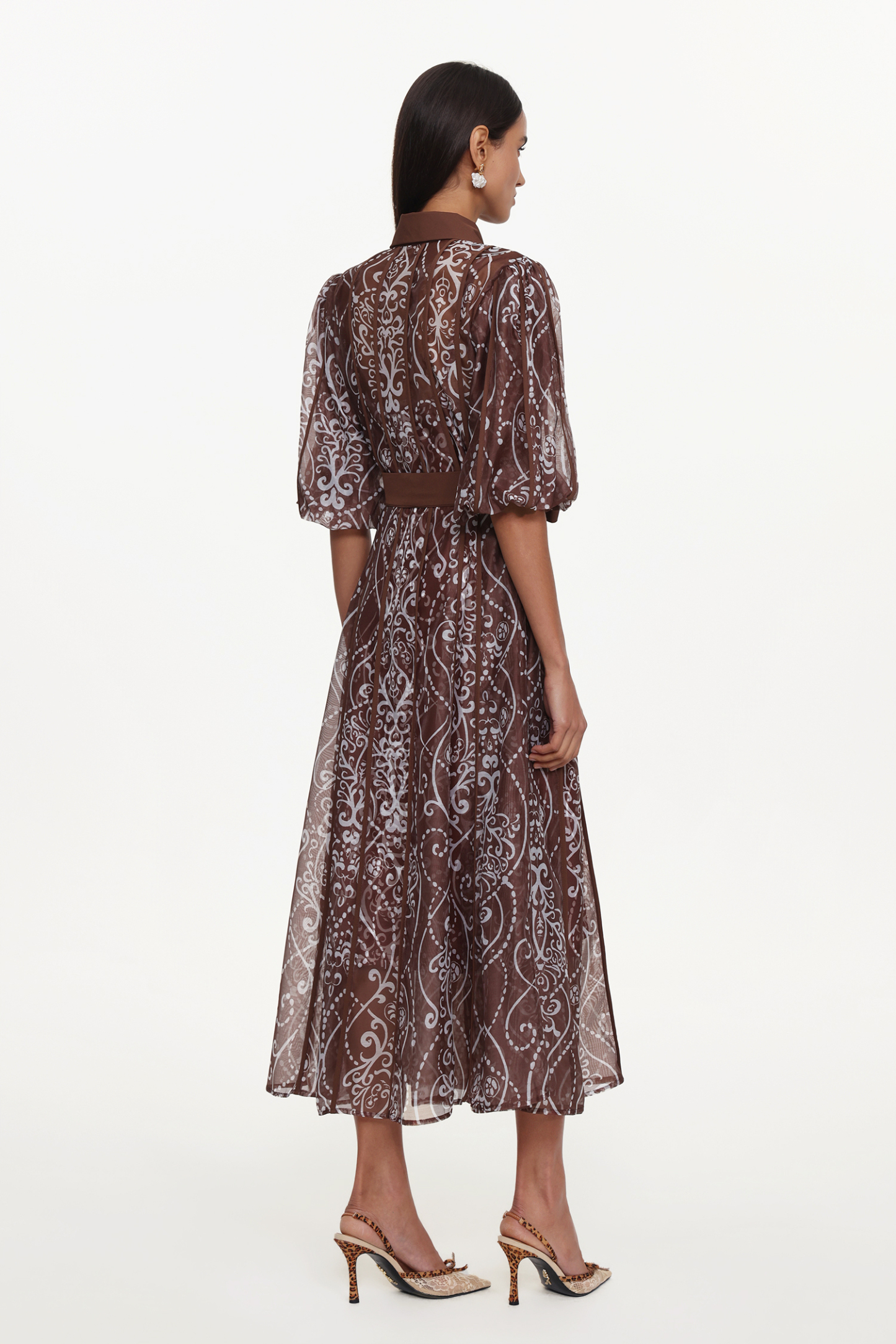Vakana Resort Flowy Puff Sleeve Floral Woven Brown Maxi Dress