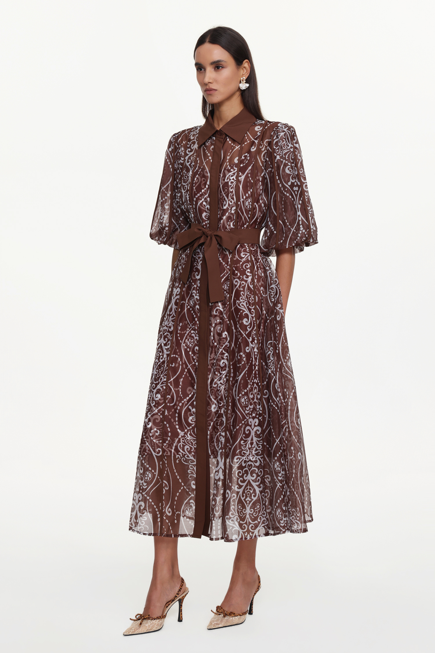 Vakana Resort Flowy Puff Sleeve Floral Woven Brown Maxi Dress