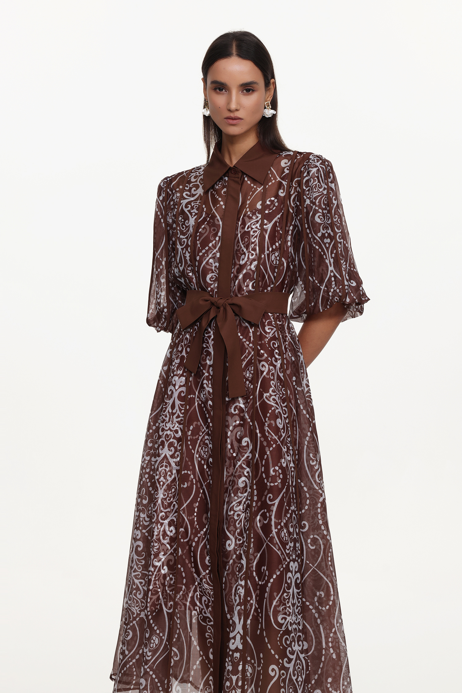 Vakana Resort Flowy Puff Sleeve Floral Woven Brown Maxi Dress