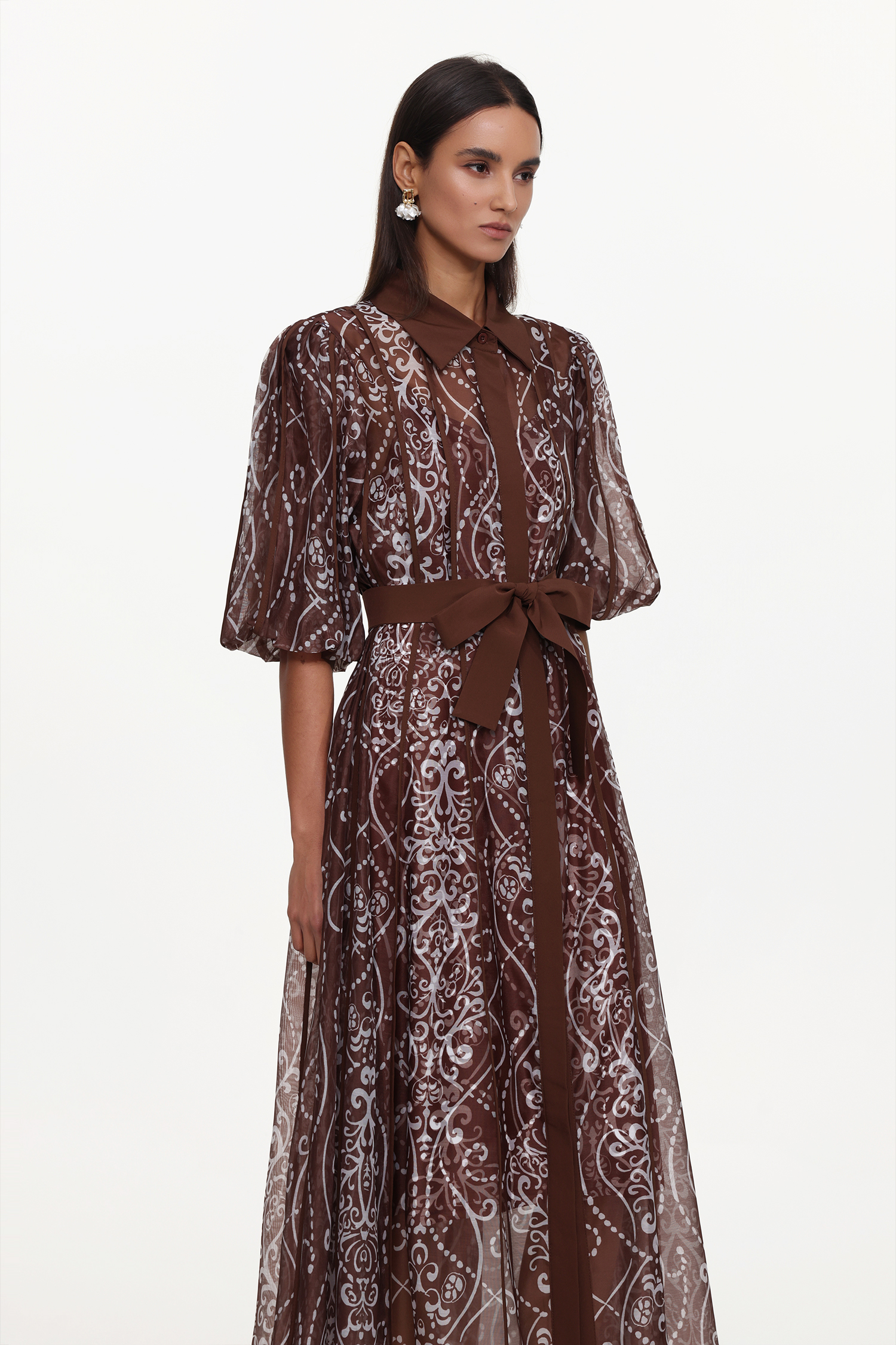 Vakana Resort Flowy Puff Sleeve Floral Woven Brown Maxi Dress