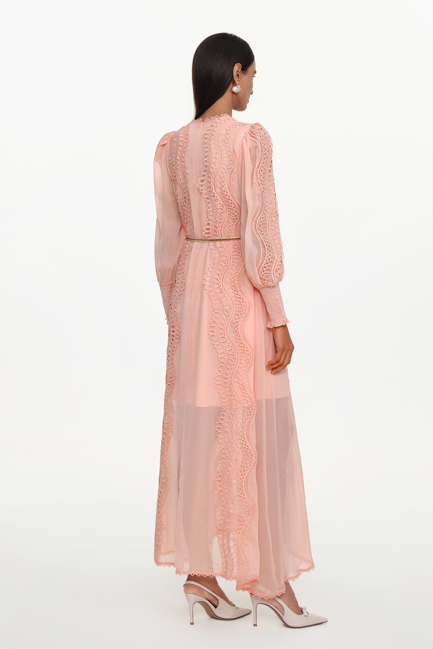 Pola Resort Flowy Round Neck Long Sleeve Floral Lace Woven Pink Maxi Dress