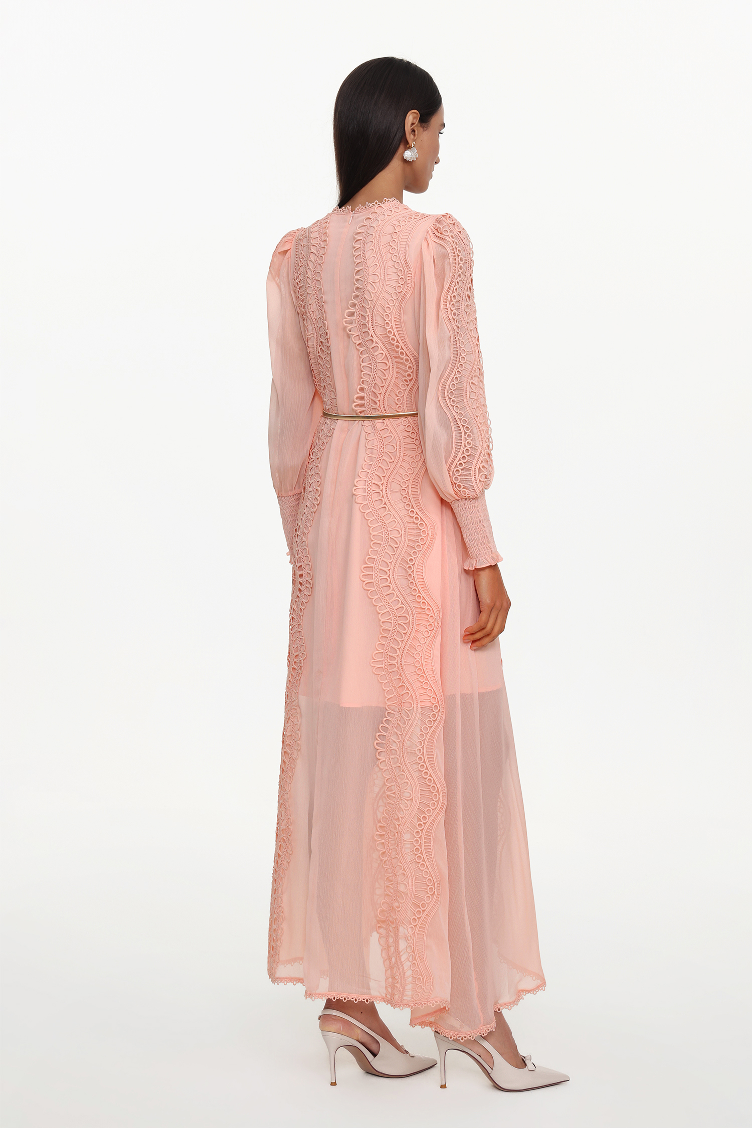 Pola Resort Flowy Round Neck Long Sleeve Floral Lace Woven Pink Maxi Dress