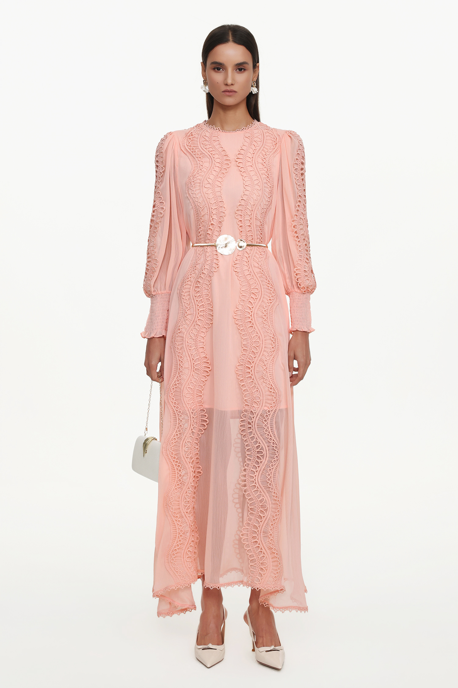 Pola Resort Flowy Round Neck Long Sleeve Floral Lace Woven Pink Maxi Dress