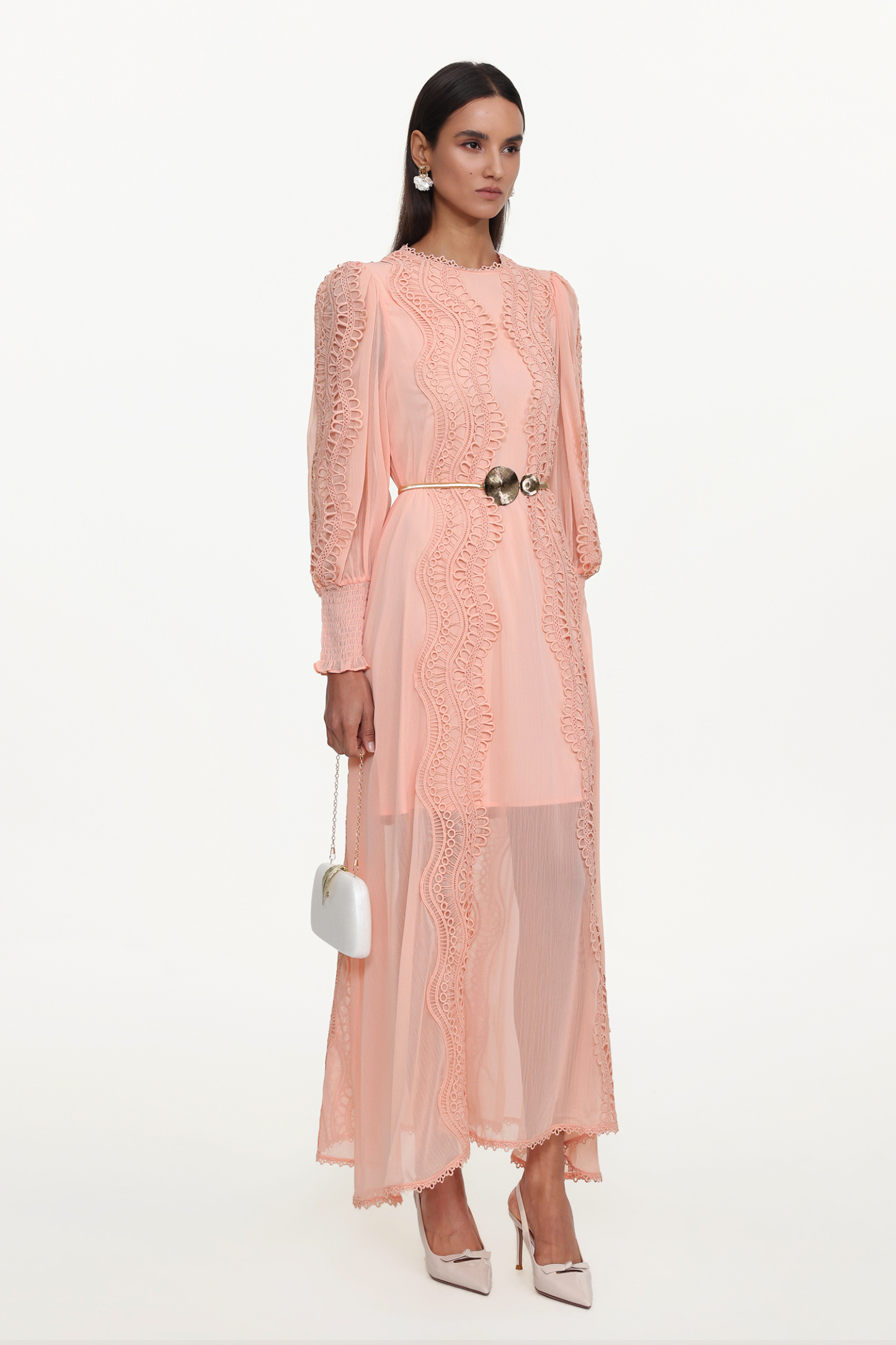 Pola Resort Flowy Round Neck Long Sleeve Floral Lace Woven Pink Maxi Dress