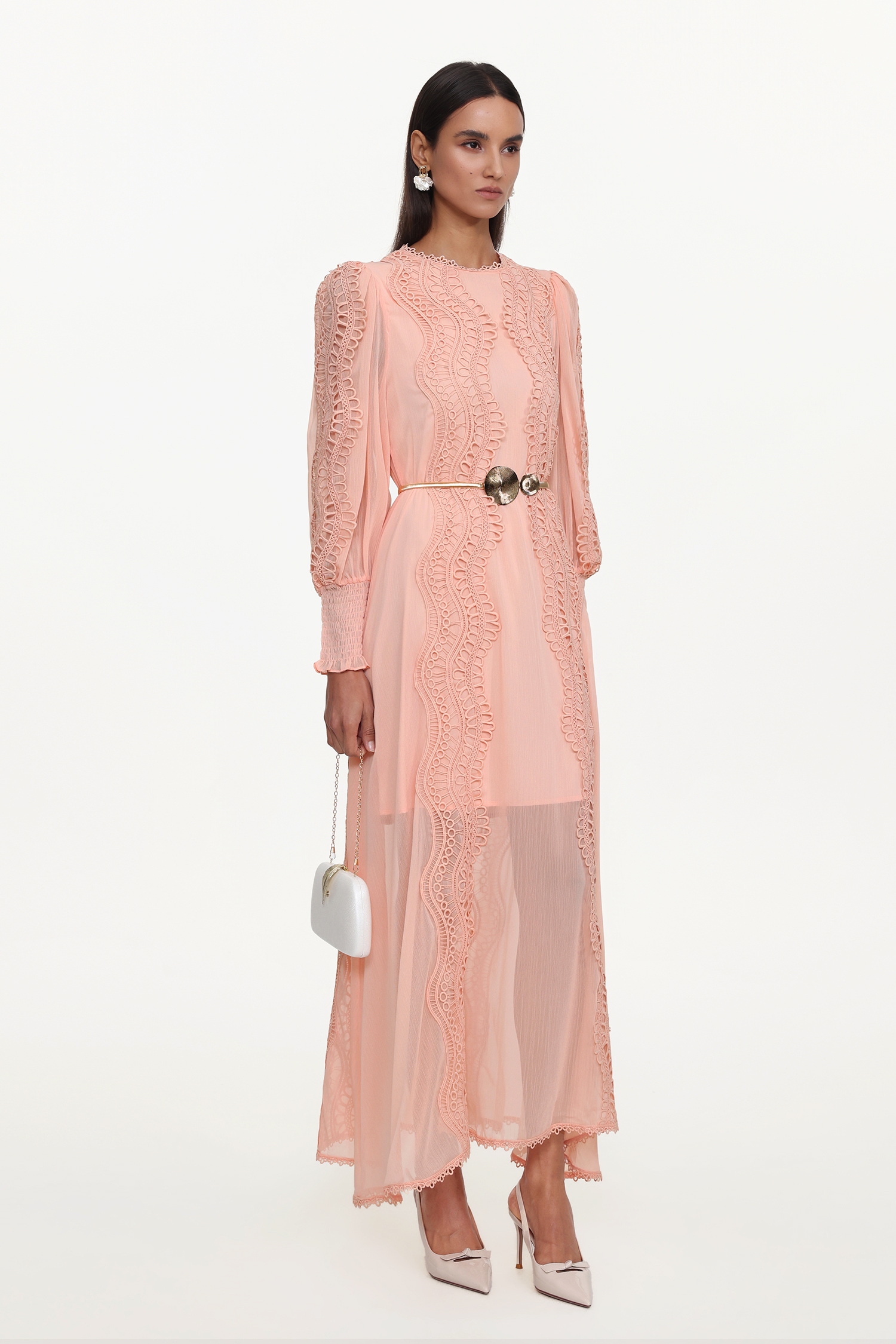 Pola Resort Flowy Round Neck Long Sleeve Floral Lace Woven Pink Maxi Dress