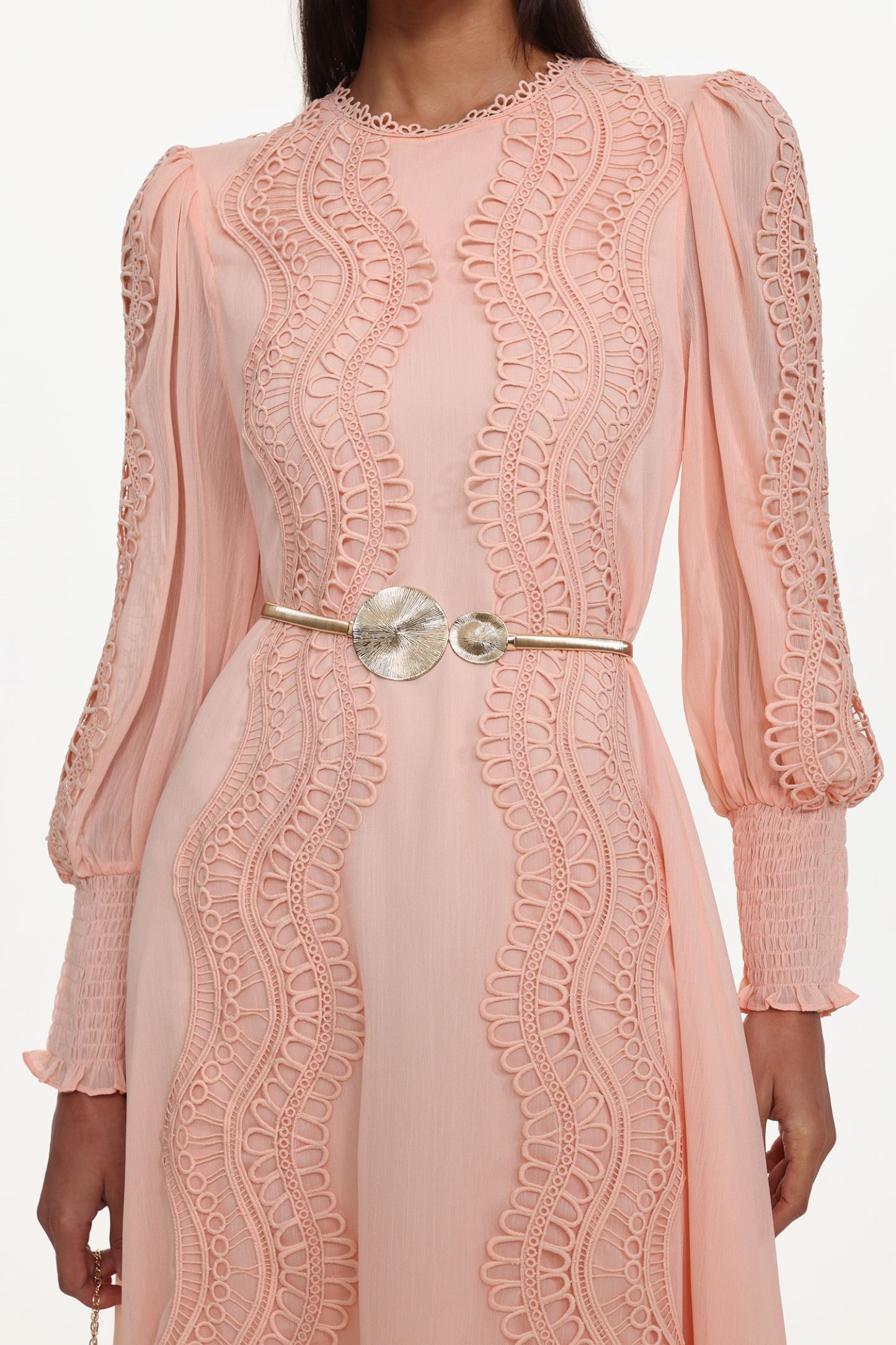 Pola Resort Flowy Round Neck Long Sleeve Floral Lace Woven Pink Maxi Dress