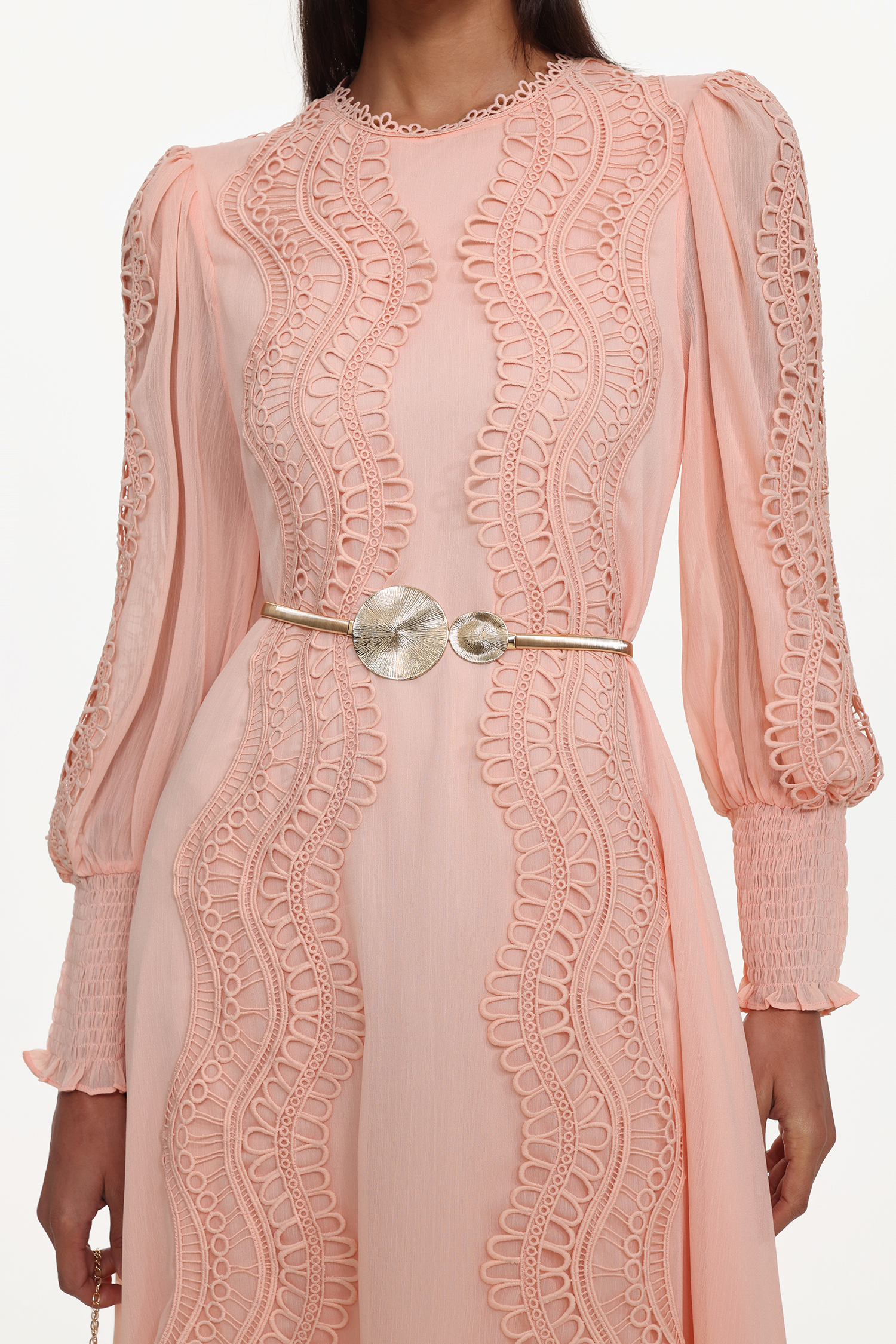 Pola Resort Flowy Round Neck Long Sleeve Floral Lace Woven Pink Maxi Dress