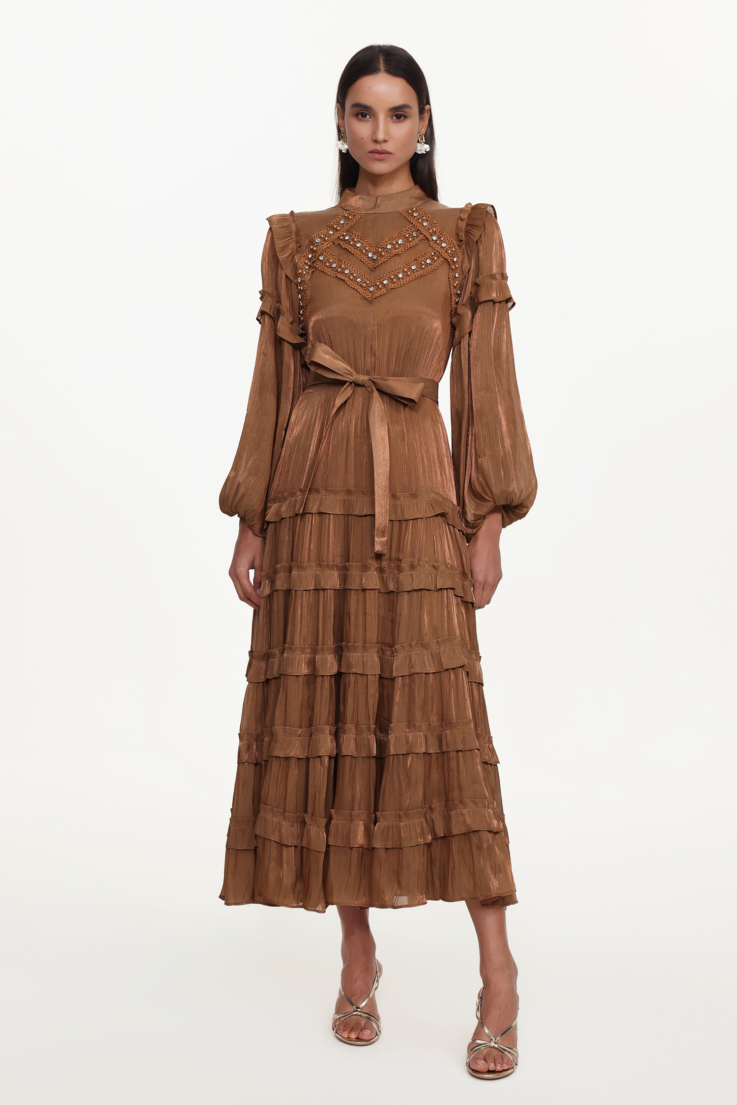 Saturn Resort Flowy Long Sleeve Rhinestone Ruffle Woven Maxi Dress