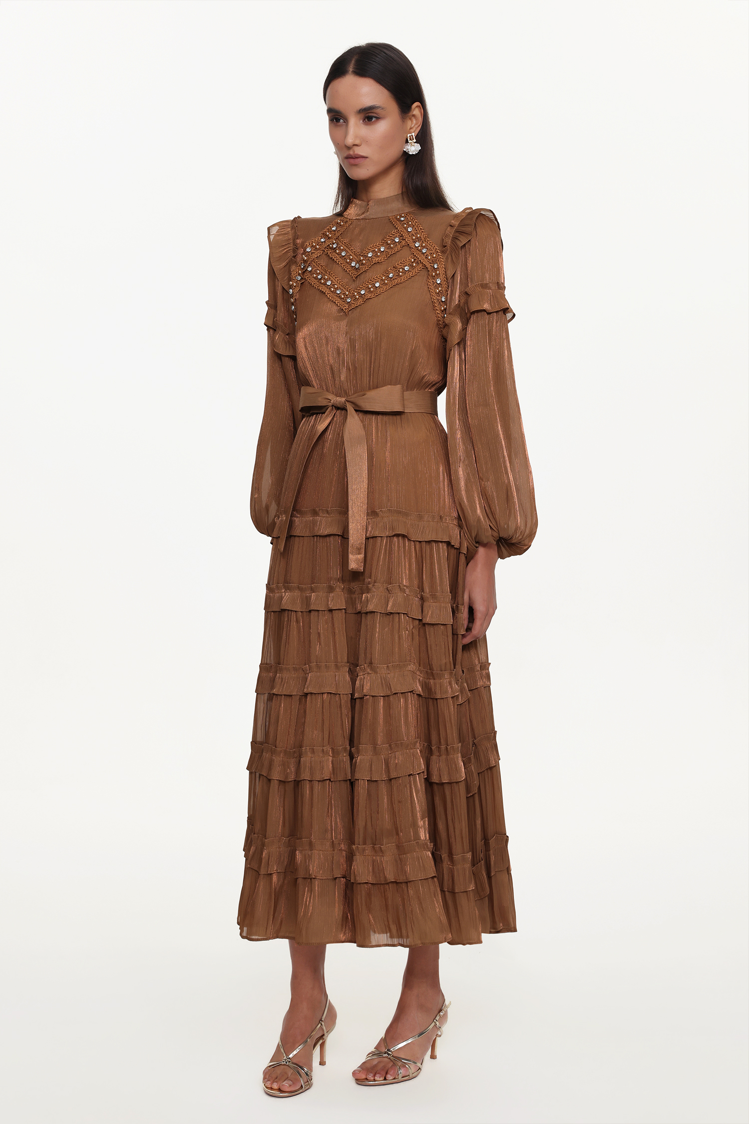 Saturn Resort Flowy Long Sleeve Rhinestone Ruffle Woven Maxi Dress