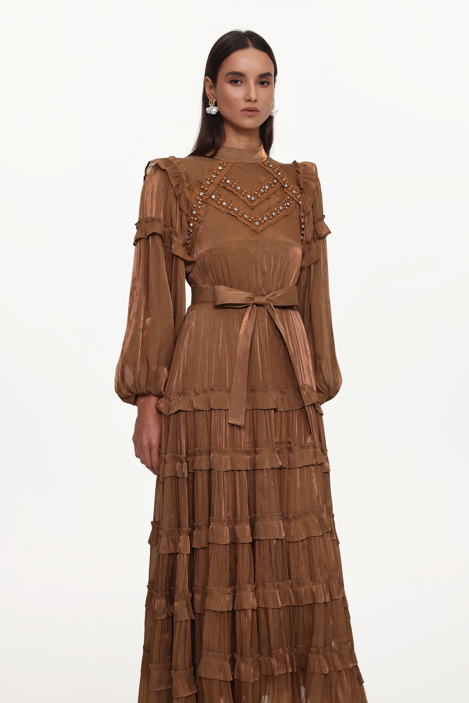 Saturn Resort Flowy Long Sleeve Rhinestone Ruffle Woven Maxi Dress