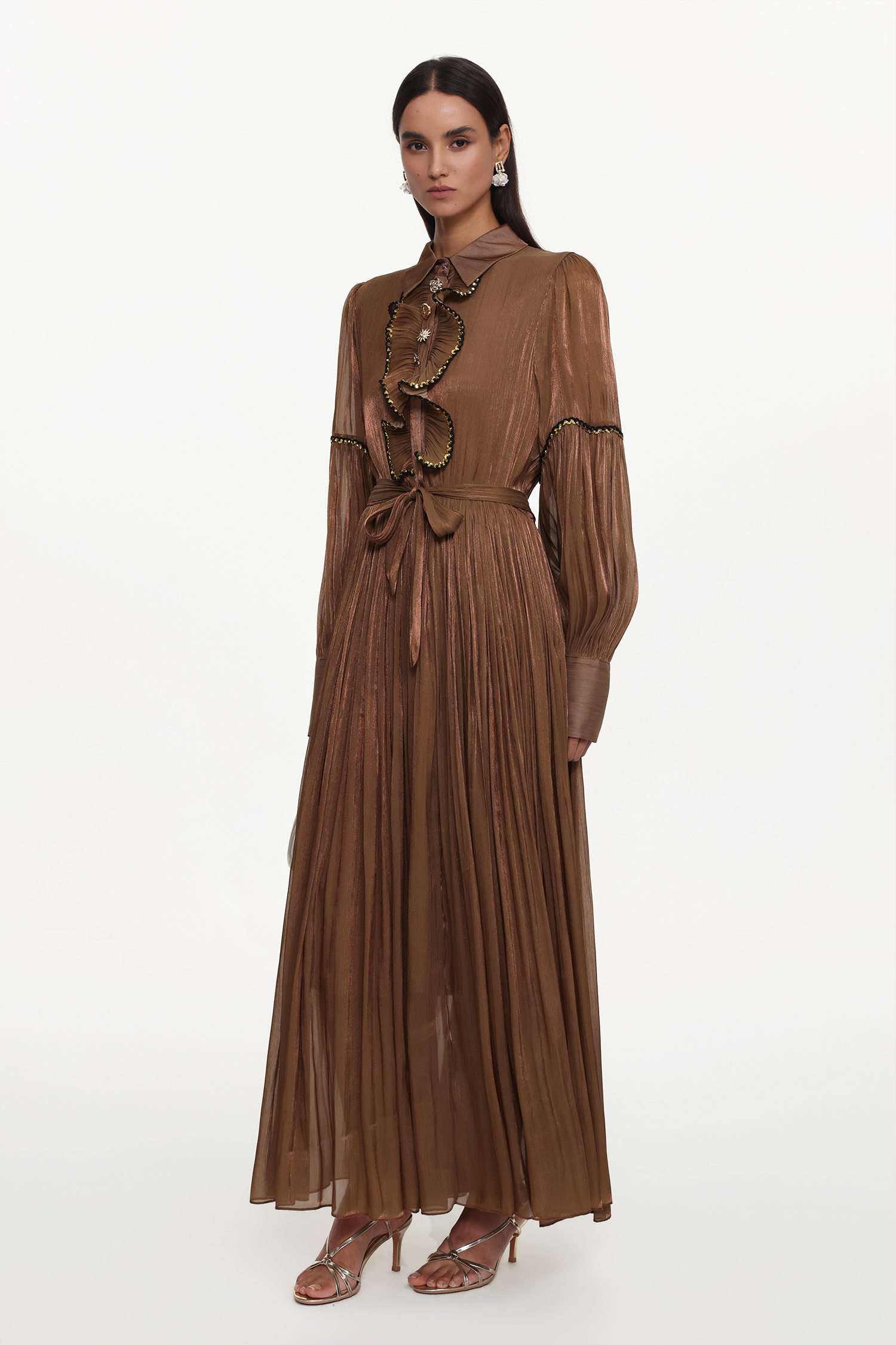 Hedit Resort Flowy Long Sleeve Ruffle Woven Maxi Dress