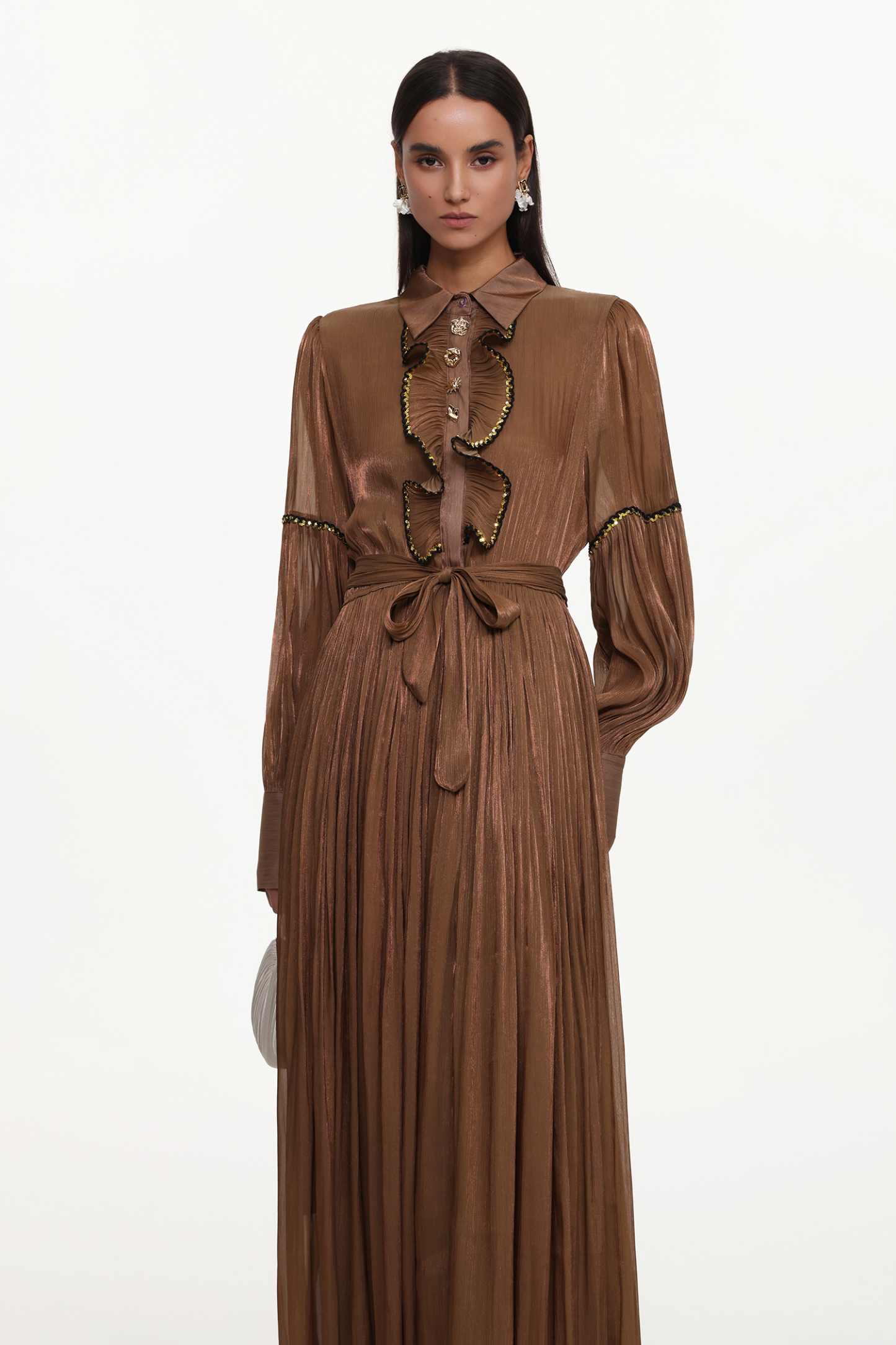 Hedit Resort Flowy Long Sleeve Ruffle Woven Maxi Dress