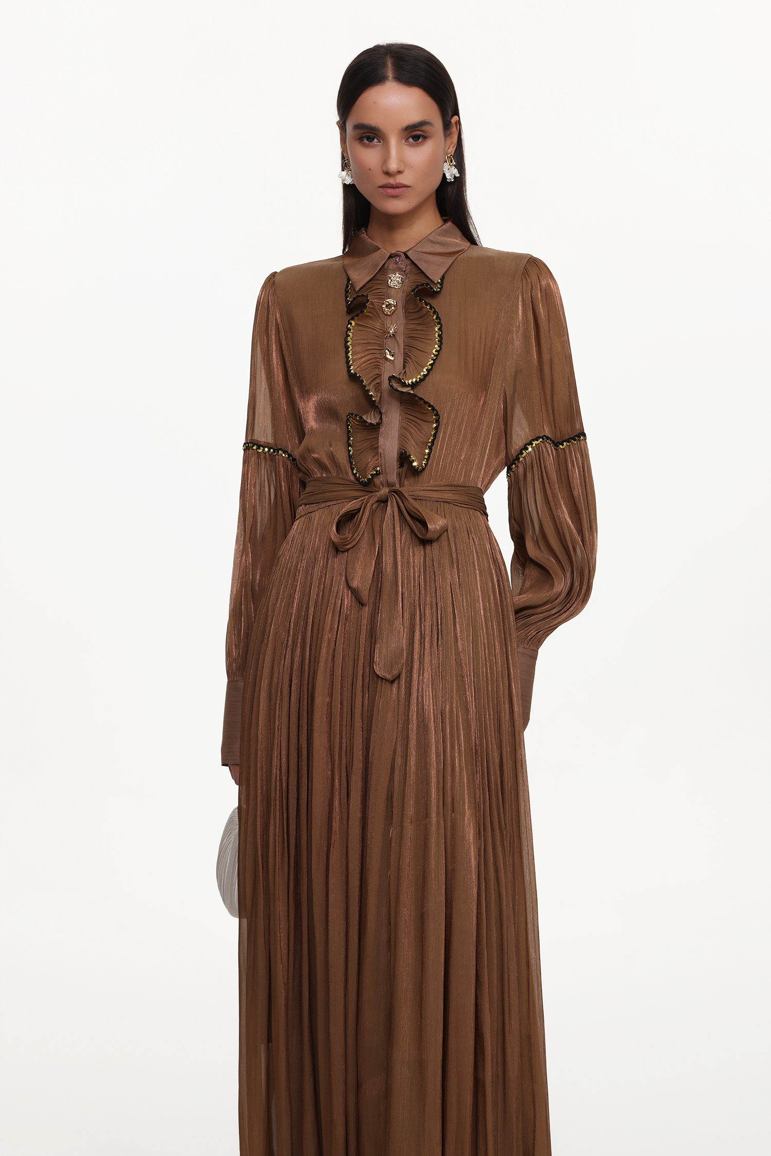 Hedit Resort Flowy Long Sleeve Ruffle Woven Maxi Dress