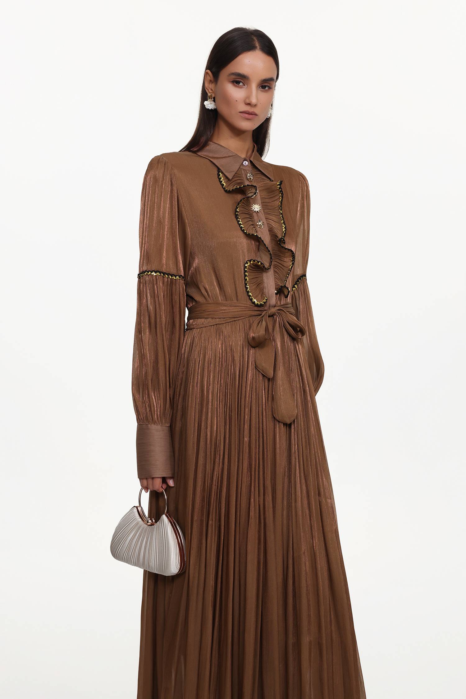 Hedit Resort Flowy Long Sleeve Ruffle Woven Maxi Dress