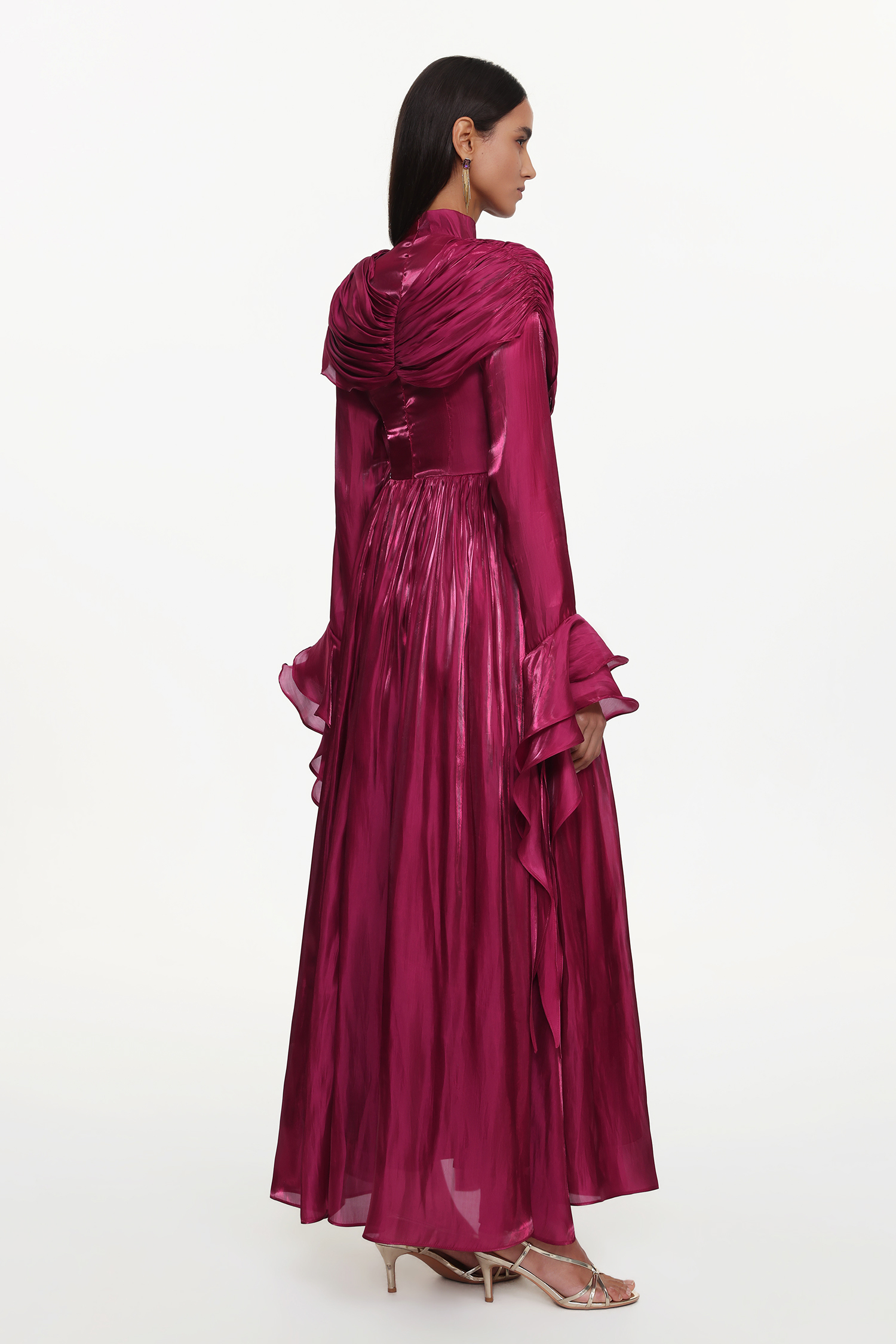 Ilsa Resort Flowy Long Sleeve Ruffle Ruched Satin Red Maxi Dress