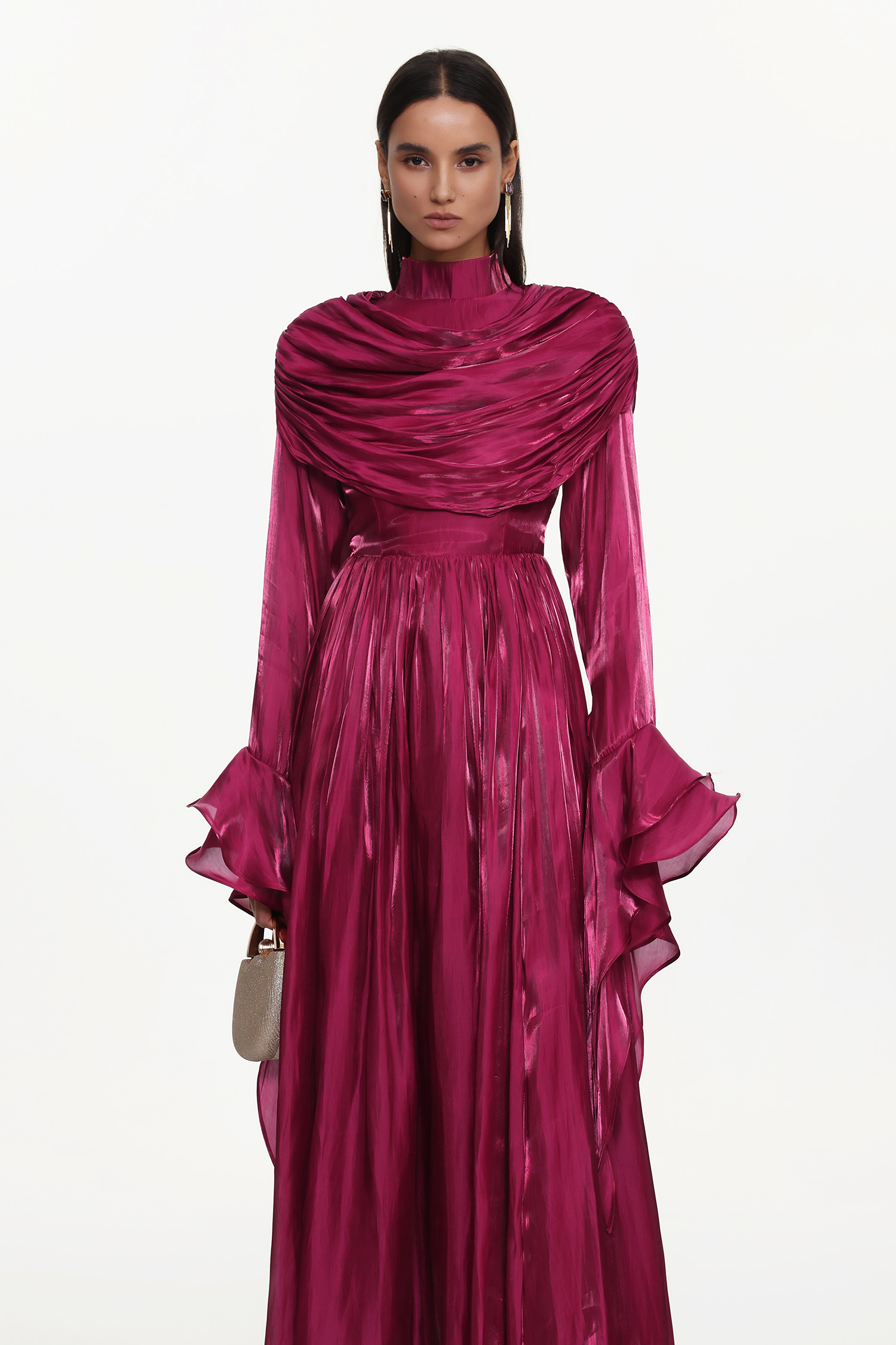 Ilsa Resort Flowy Long Sleeve Ruffle Ruched Satin Red Maxi Dress