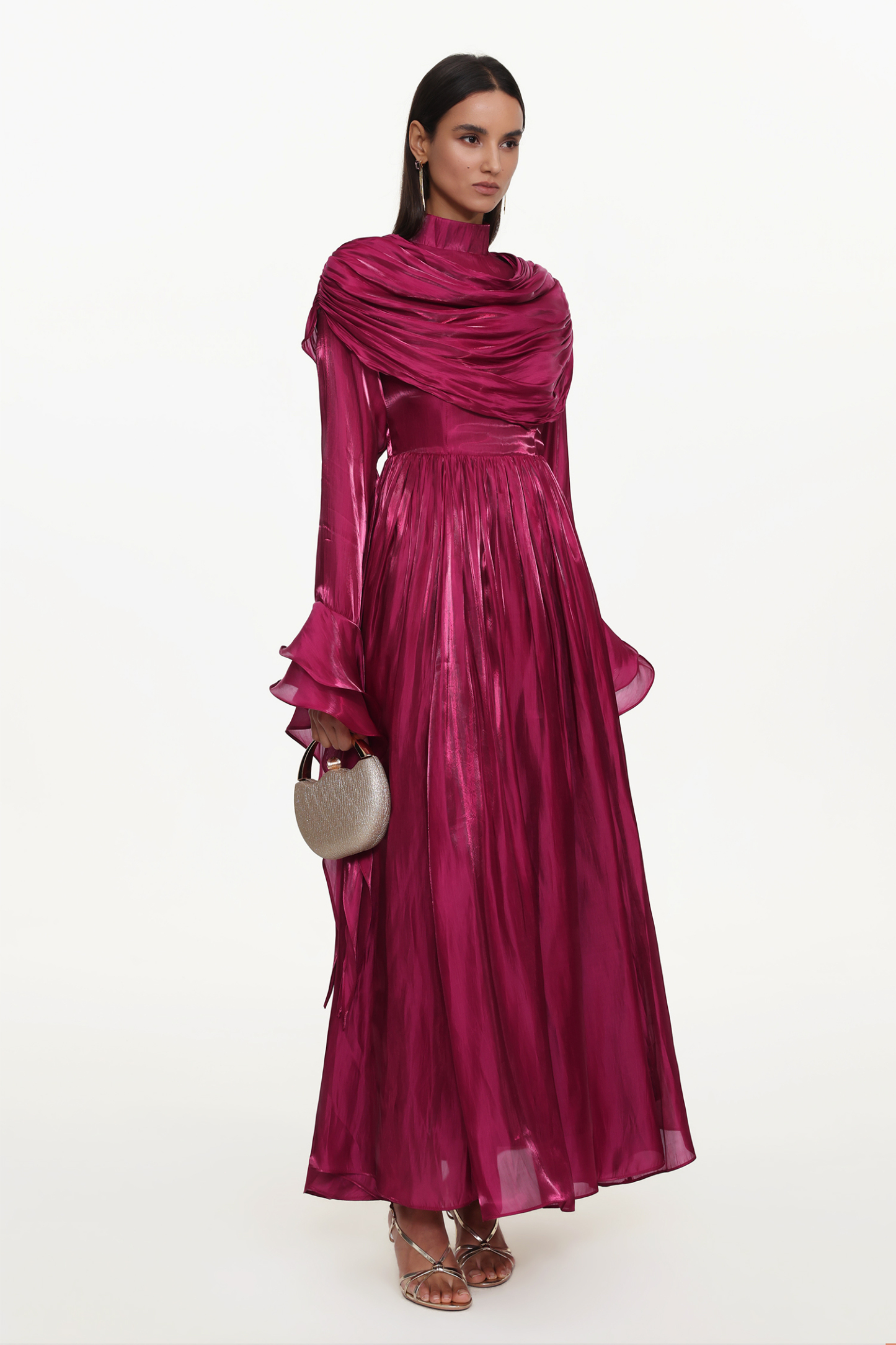 Ilsa Resort Flowy Long Sleeve Ruffle Ruched Satin Red Maxi Dress