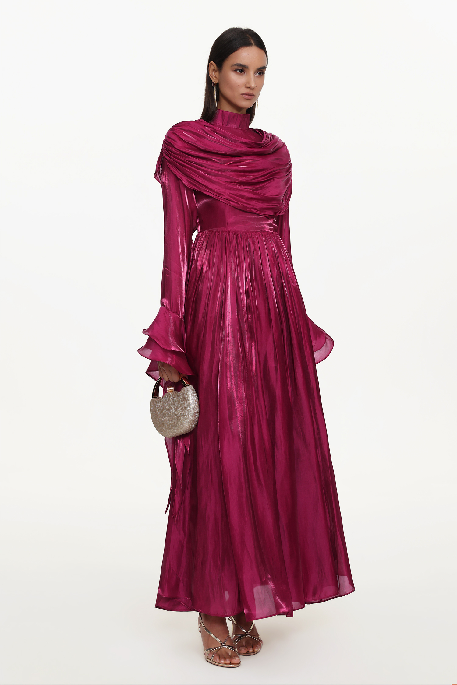 Ilsa Resort Flowy Long Sleeve Ruffle Ruched Satin Red Maxi Dress