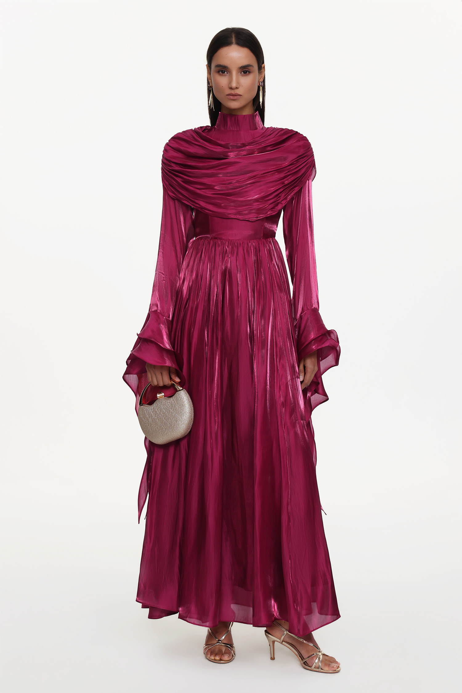 Ilsa Resort Flowy Long Sleeve Ruffle Ruched Satin Red Maxi Dress