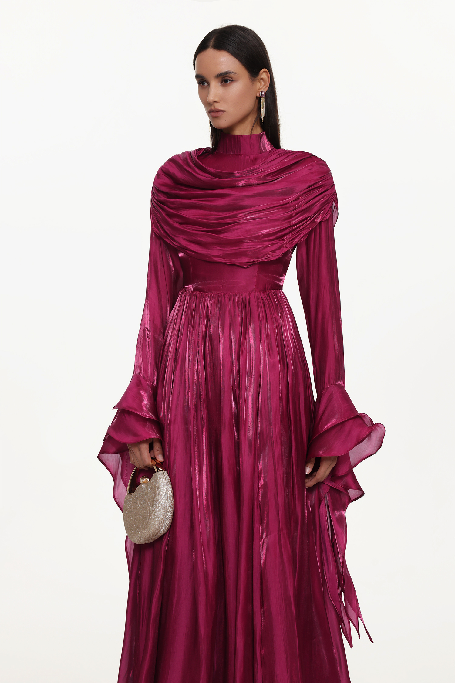 Ilsa Resort Flowy Long Sleeve Ruffle Ruched Satin Red Maxi Dress