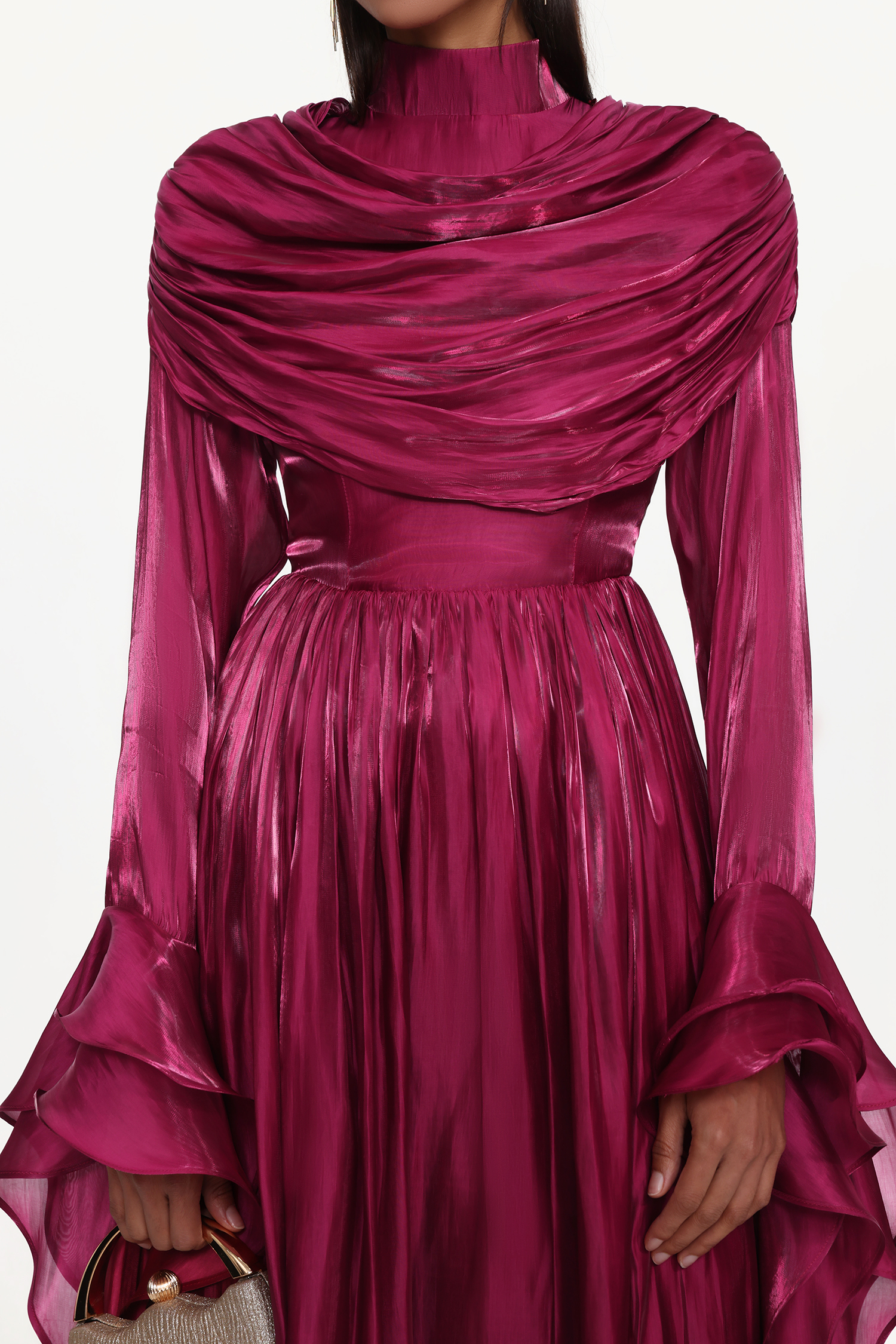 Ilsa Resort Flowy Long Sleeve Ruffle Ruched Satin Red Maxi Dress