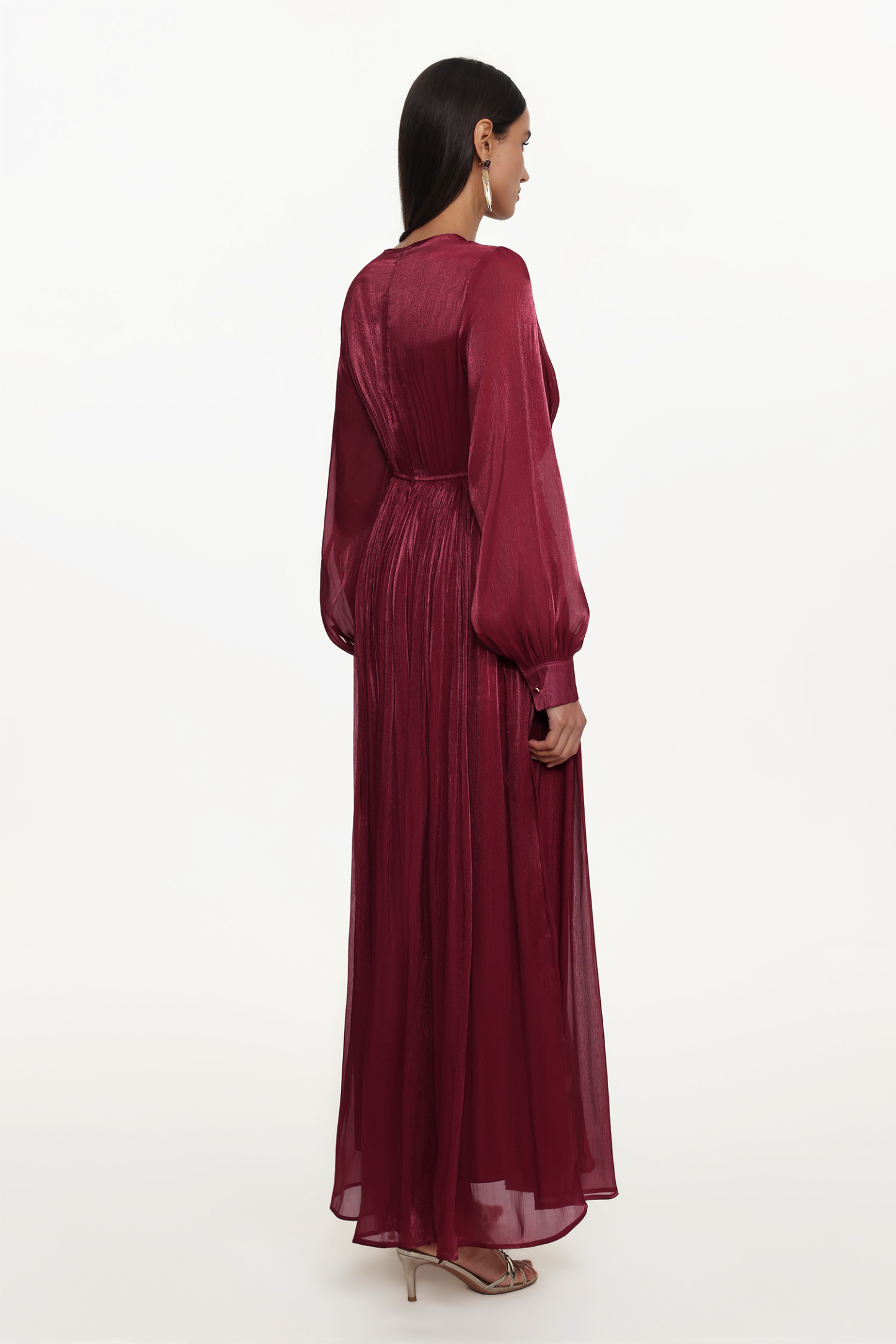 Viki Bohemian Flowy V-Neck Long Sleeve Pleated Beaded Woven Red Maxi Dress