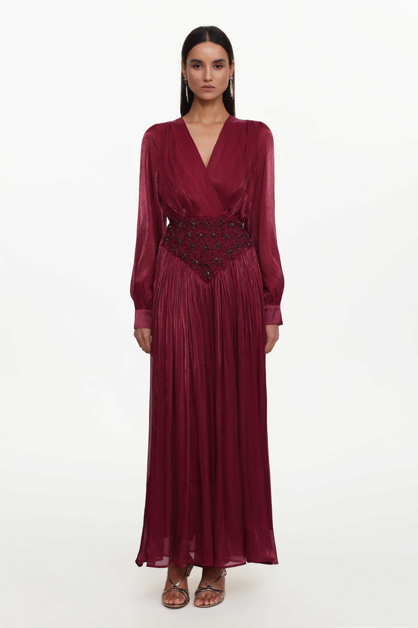 Viki Bohemian Flowy V-Neck Long Sleeve Pleated Beaded Woven Red Maxi Dress